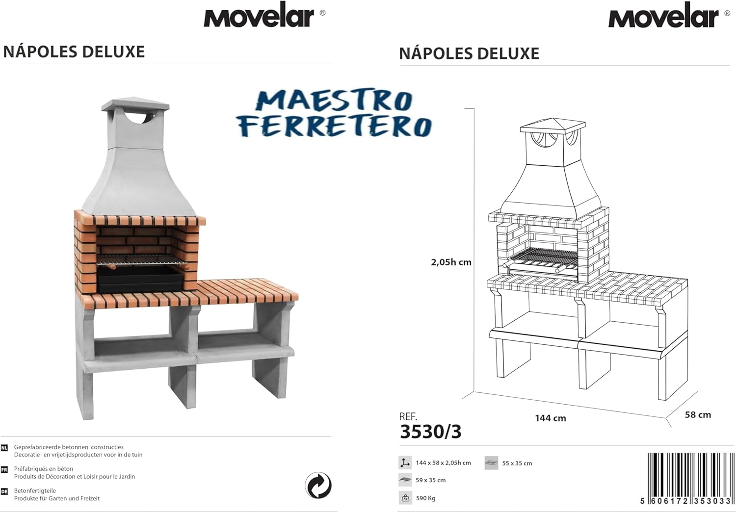 MOVELAR - Prefabricated Wood and Charcoal Barbecue Model Sines XL (Grey, Orange - 144 x 58 x 200 cm) REF: 3530/3 - Outdoor Kitchen for Garden or Patio