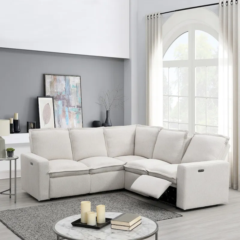Power Recliner Chair Linen Upholstered L-Shaped Sectional Sofa, Home Theater Seating Soft Chair with USB Port for Living Room
