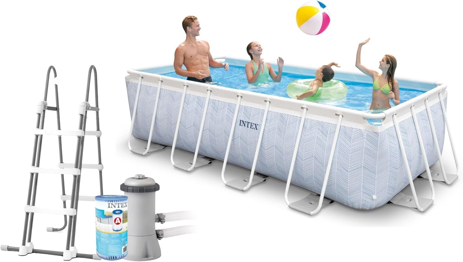 Intex 26780NP – Aufstellpool Prism Frame Chevron Rechteckig, Filterpumpe 2006 L/h, Leiter, 6836 L, Stahl und PVC, Mehrfarbig, 400x200x100 cm