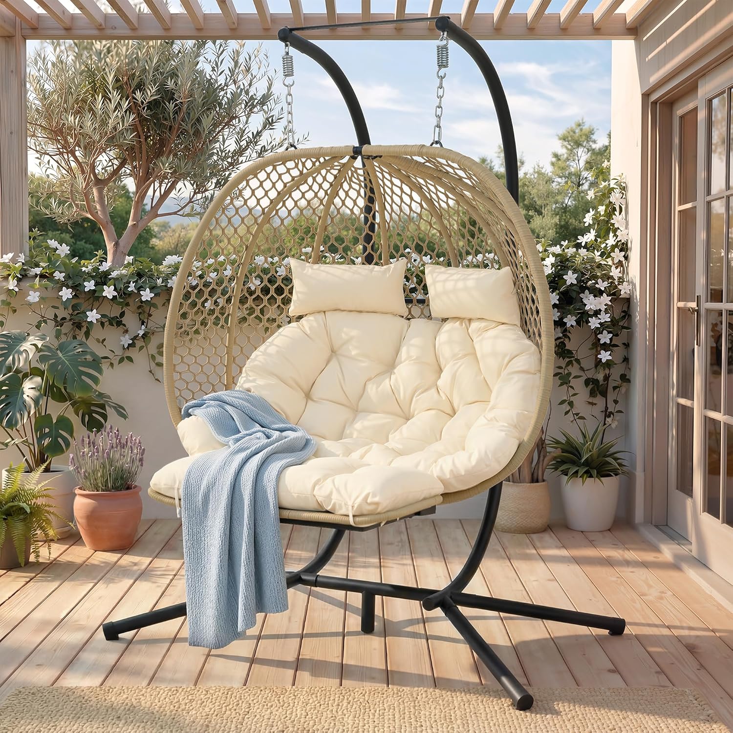 Doppelschaukelstuhl Ei-Form | Hängesessel mit Ständer, Fußauflage & Kissen | Gartenhängstuhl für Indoor & Outdoor | Belastbar bis 150kg (Beige)