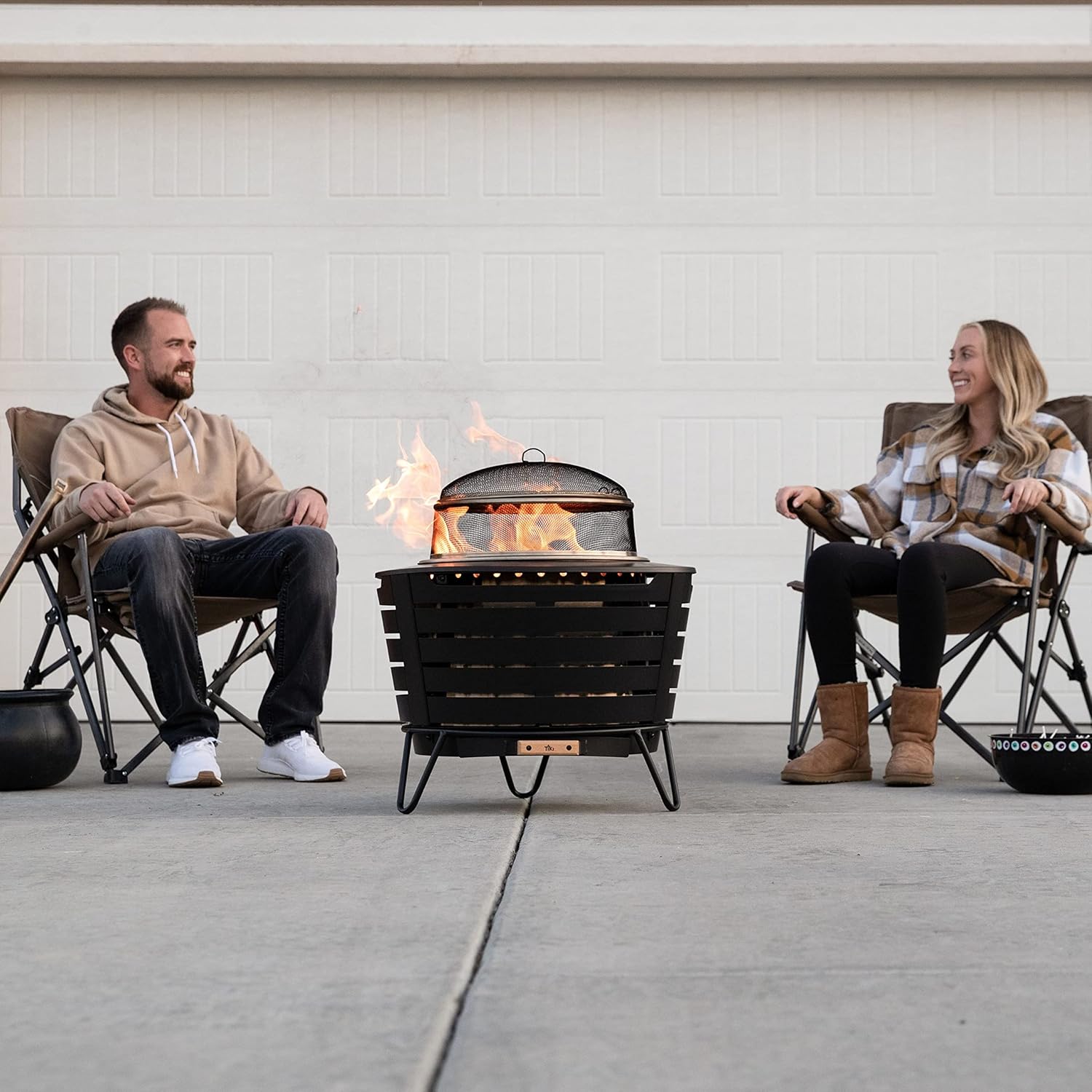 TIKI Patio & Celebration Fire Pit Screen & Poker Set – Outdoor Fire Pit Spark Protector & Ember Guard – Fire Poker Tool for Safe & Controlled Fires – Durable Metal Fire Pit Accessories in Gold & Black