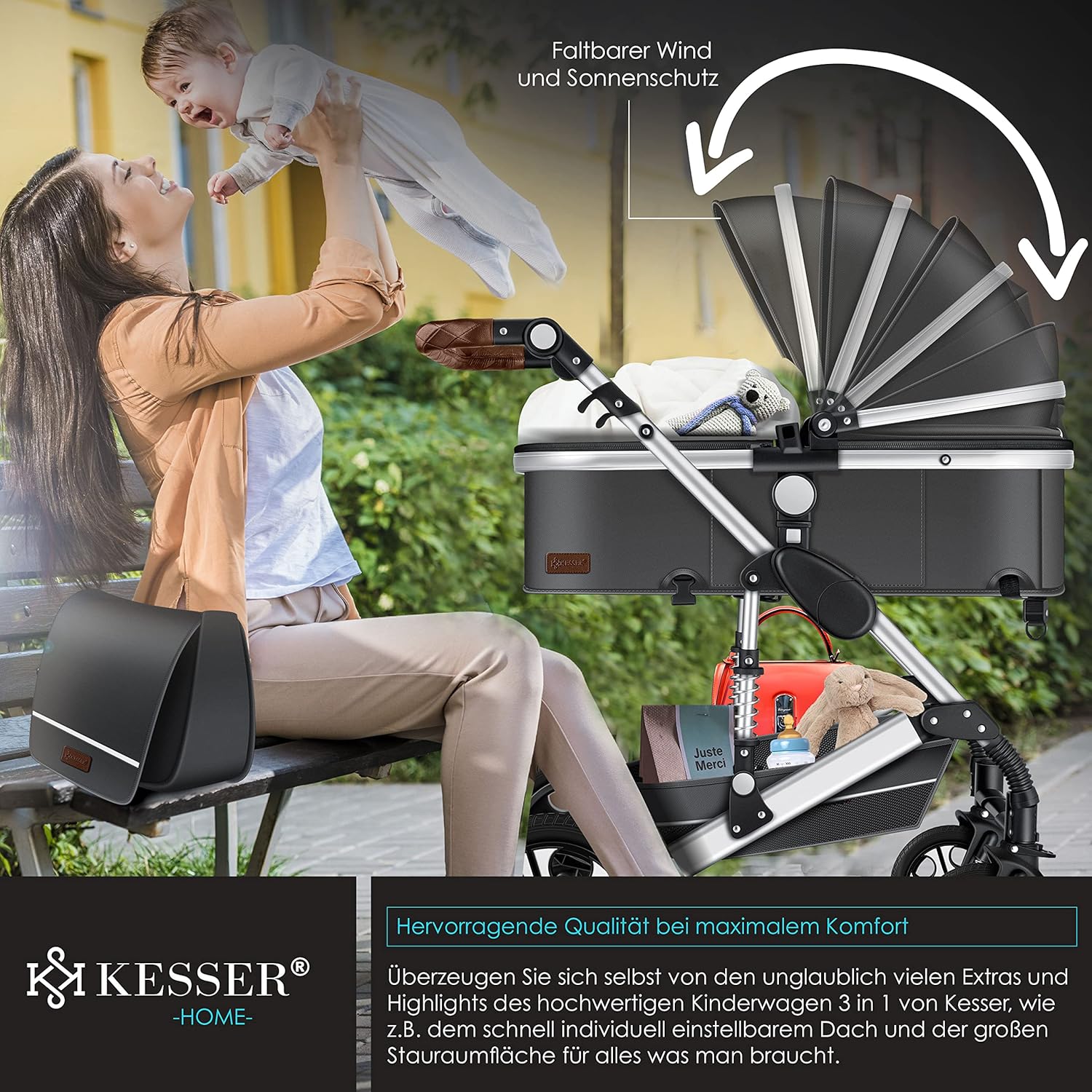 KESSER® Loops 3 in 1 Kinderwagen Kombikinderwagen Komplett-Set inkl. Babywanne & Buggy Sportsitz & Auto-Babyschale Voll-Gummireifen Wickeltasche Regenschutz Kindertisch ECE R129, Grau/Silber