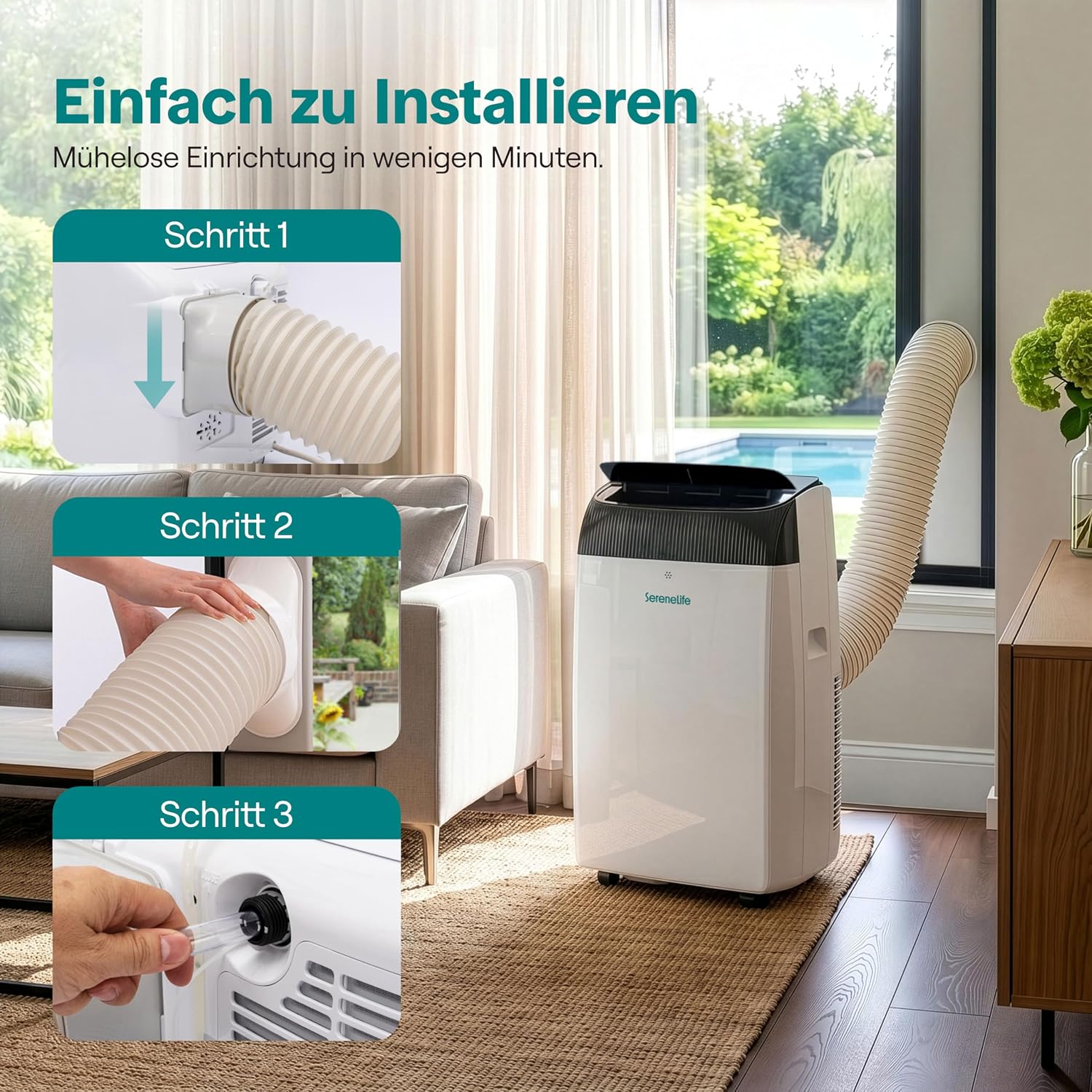 SereneLife Mobile Klimaanlage 4,1 kW 14000 BTU – Klimaanlage Mit Heizfunktion Für Zimmer Bis 40 m² Leise 51 dB Klimagerät Schlafzimmer Mit Entfeuchter, Lüfter, Fernbedienung