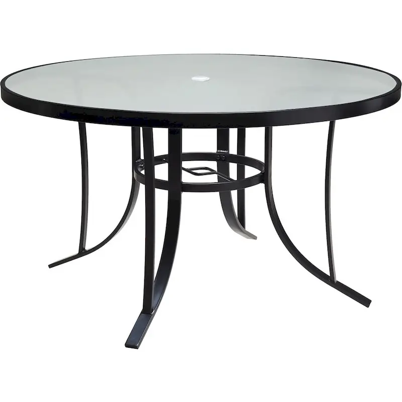 Hanover Lavallette 5-Piece Dining Set in Ocean Blue with 4 Stationary Chairs, 52-In. Round Glass-Top Table, Umbrella, and Base