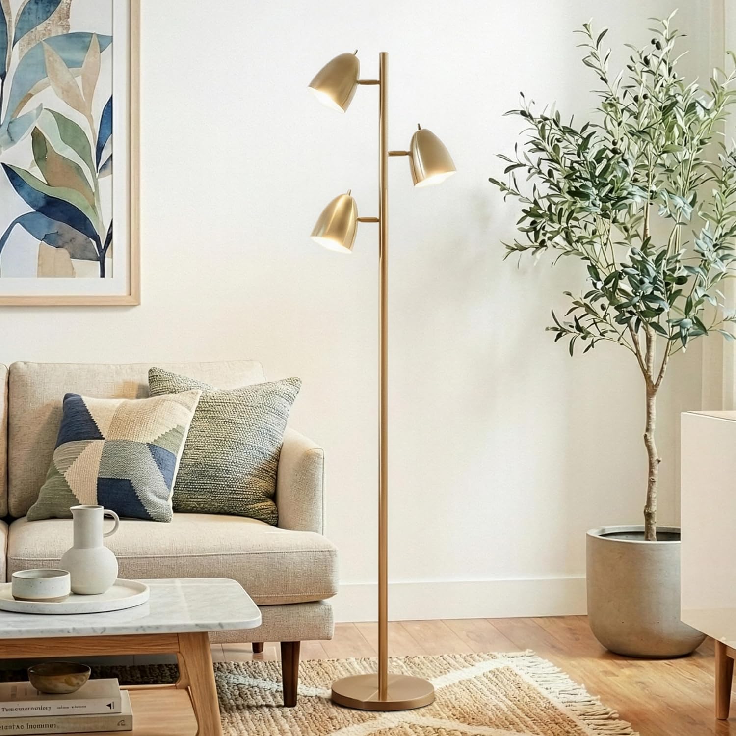 Brightech Jacob LED Standing Lamp, Modern Bright Floor Lamps for Living Rooms & Bedrooms, Tall LED Lighting Lamp with Adjustable 3 Light Tree �C Antique Brass/Gold