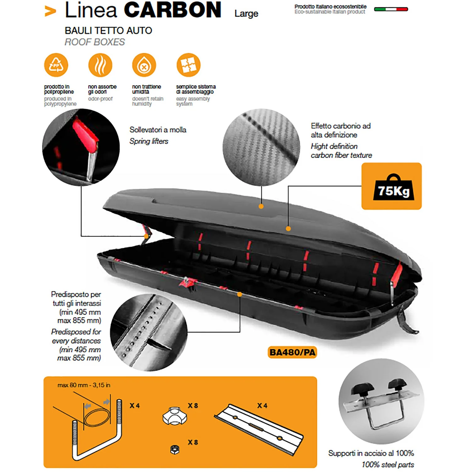 Baule tetto auto in polipropilene Linea Carbon - h38x200x79 cm