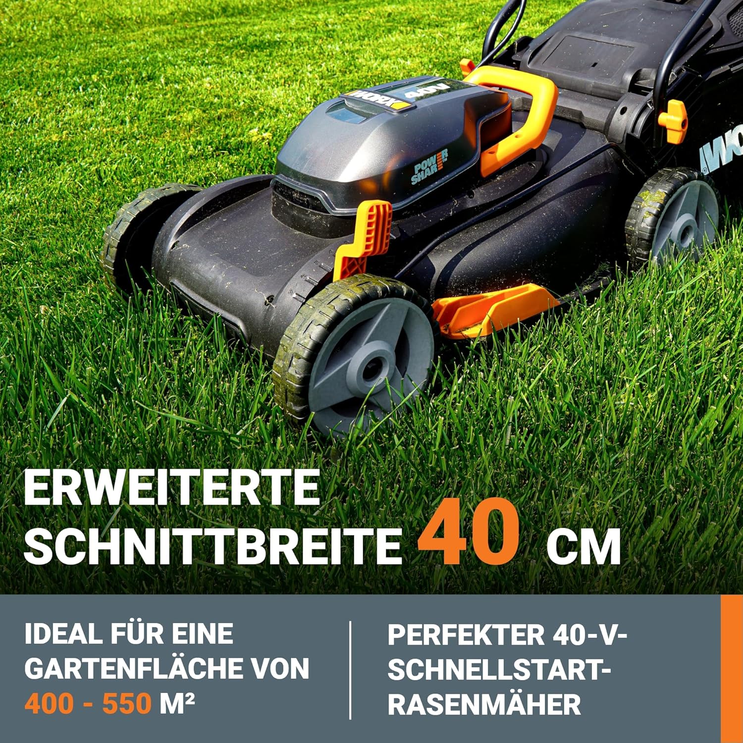 WORX WG743E Akku-Rasenmäher 40V, Profi Rasenmäher mit Mulchfunktion & PowerShare Akku, Rasenmähen ohne Kabel, Ideal für Gärten bis zu 500m² (inkl. 2X 4Ah Akkus & Dual-Ladegerät)