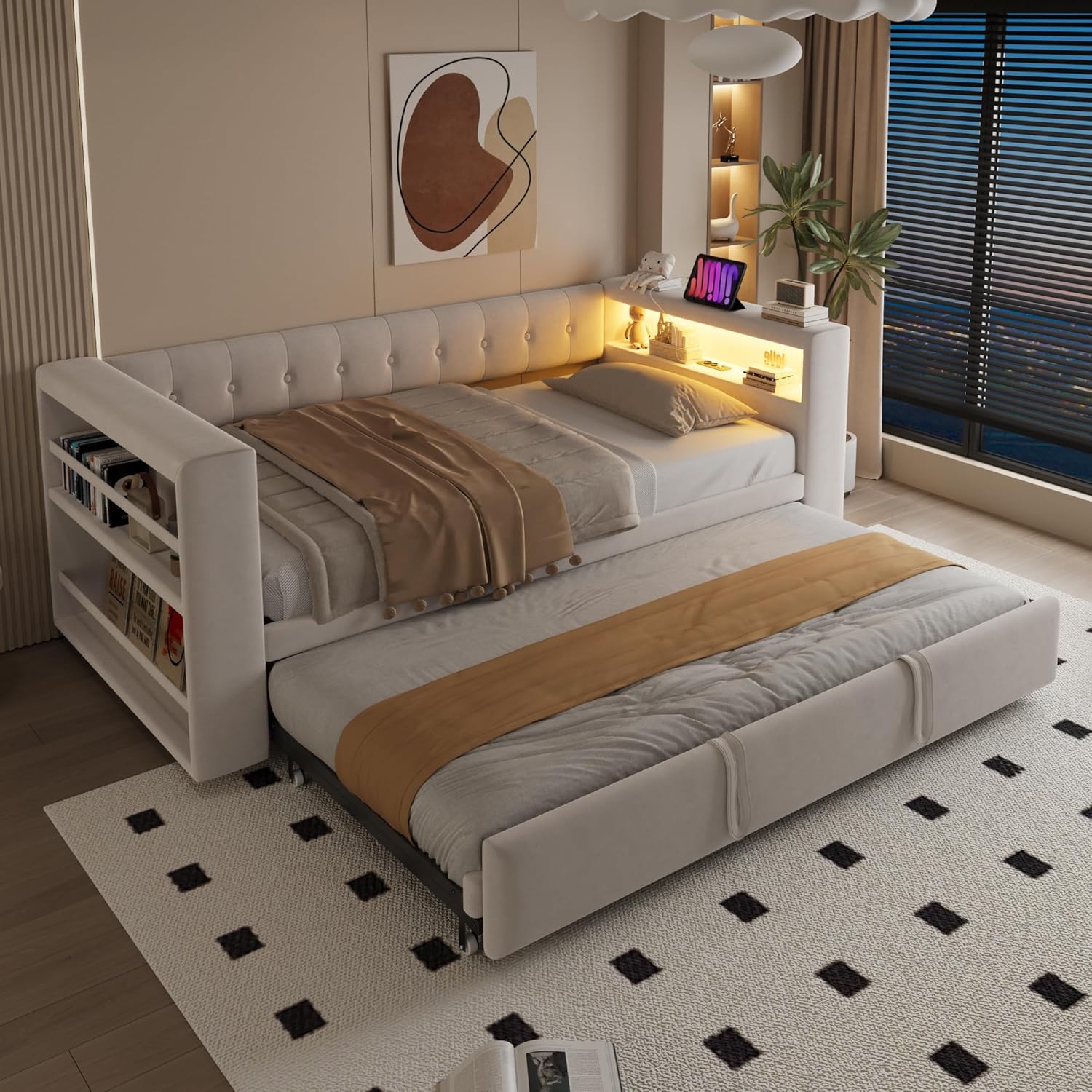 Cama tapizada 90/180 × 190 cm, con iluminación LED, enchufes y mucho espacio de almacenamiento; cama tapizada, cama individual, sofá cama multifuncional, color beige