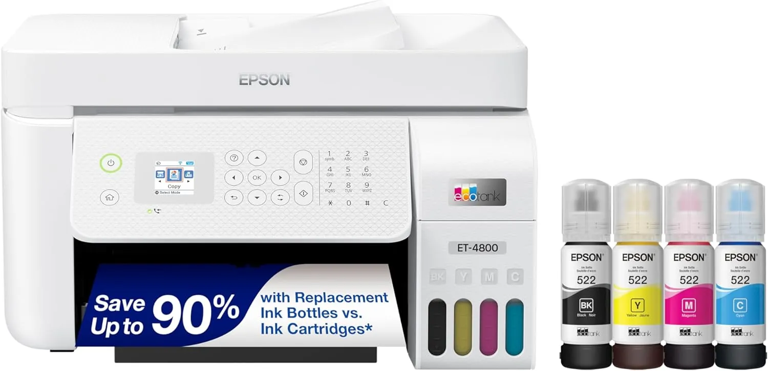 Epson EcoTank ET-4800 Wireless All-in-One Inkjet Printer, White �C Cartridge-Free, Scanner, Copier, Fax, ADF, Ethernet, Home Office