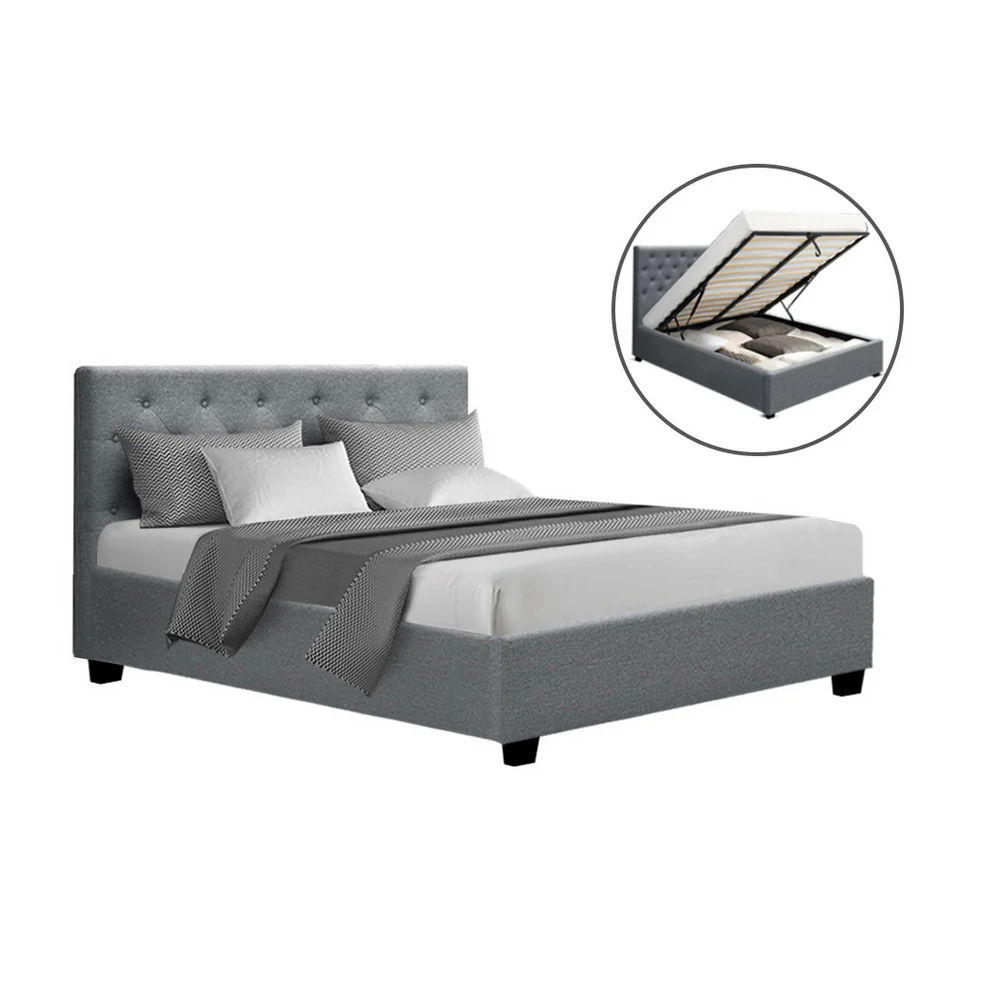 Artiss Vila Bed Frame Fabric Gas Lift Storage - Grey Double