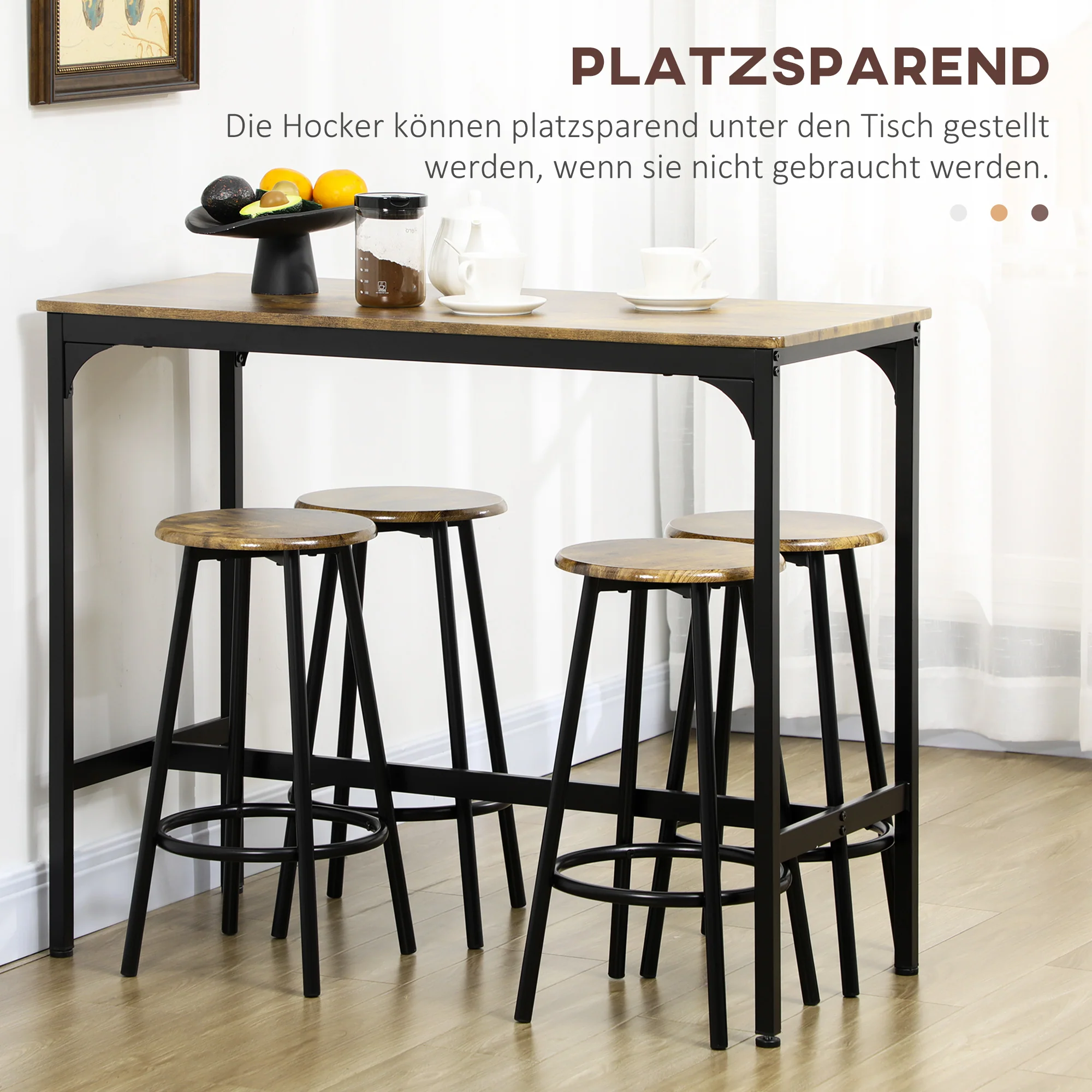 HOMCOM 5-delig. Bartafelset met industrieel design, 1 bartafel, 4 barkrukken, bankstel, aanrecht, zwart+bruin