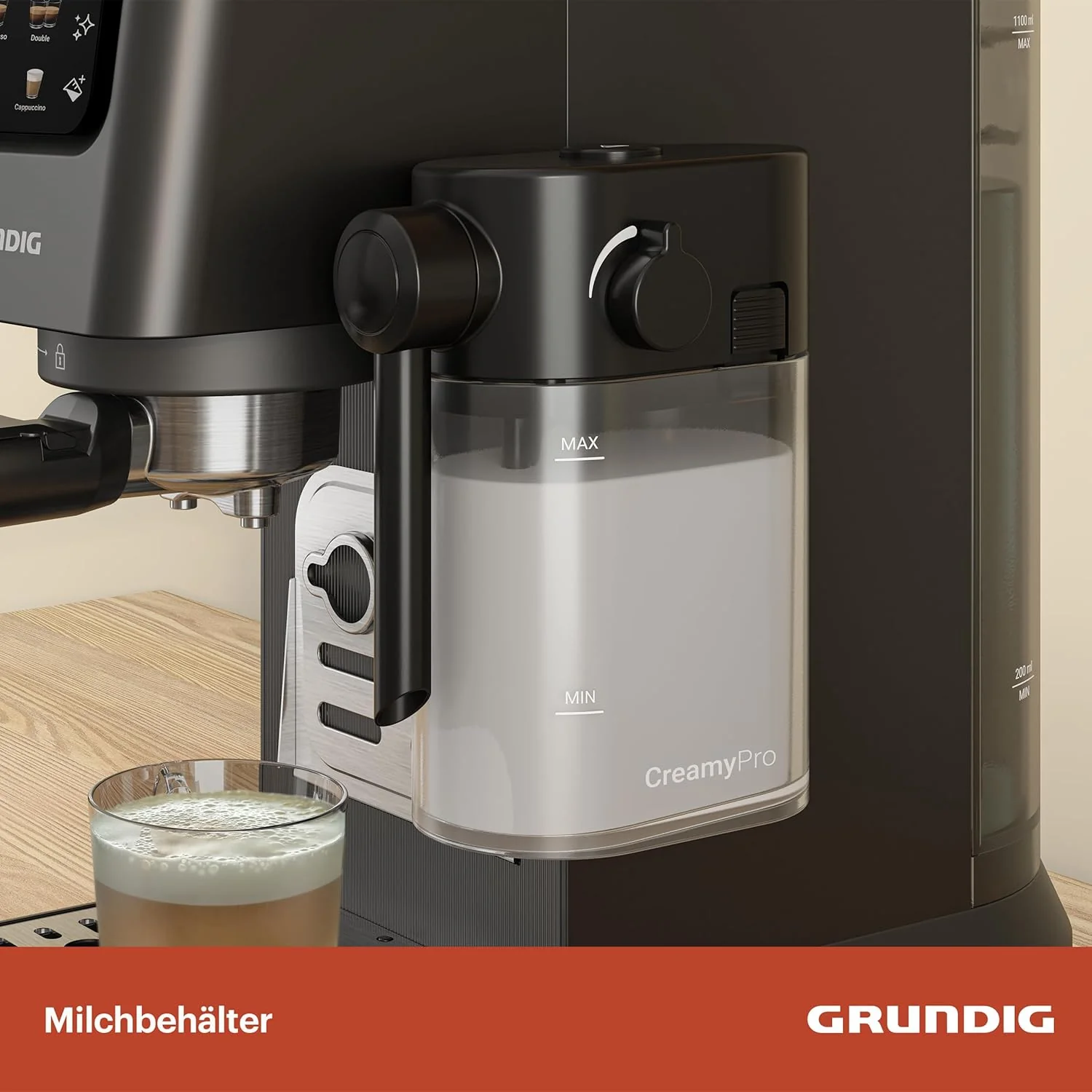 GRUNDIG KSM 5330 Espressomachine met ge?ntegreerd melkreservoir, 1628 W vermogen, 15 bar pompdruk, dubbele tuit, kleuren-touchscreen, BrewSense, CreamyPro, donker inox/zwart