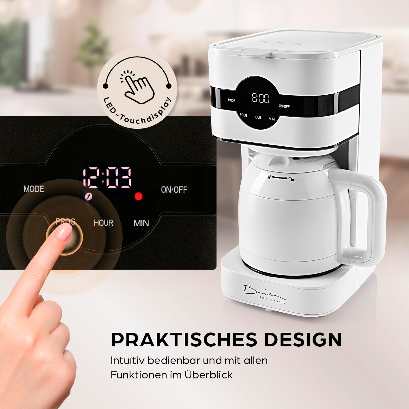 Barista Filterkaffeemaschine mit verstellbarem Mahlwerk & Thermokanne | Warmhaltefunktion, 24h Timer & Permanentfilter | Für 10 Tassen Kaffee | Kaffeemaschine für Bohnen & Pulver [Edelstahl]