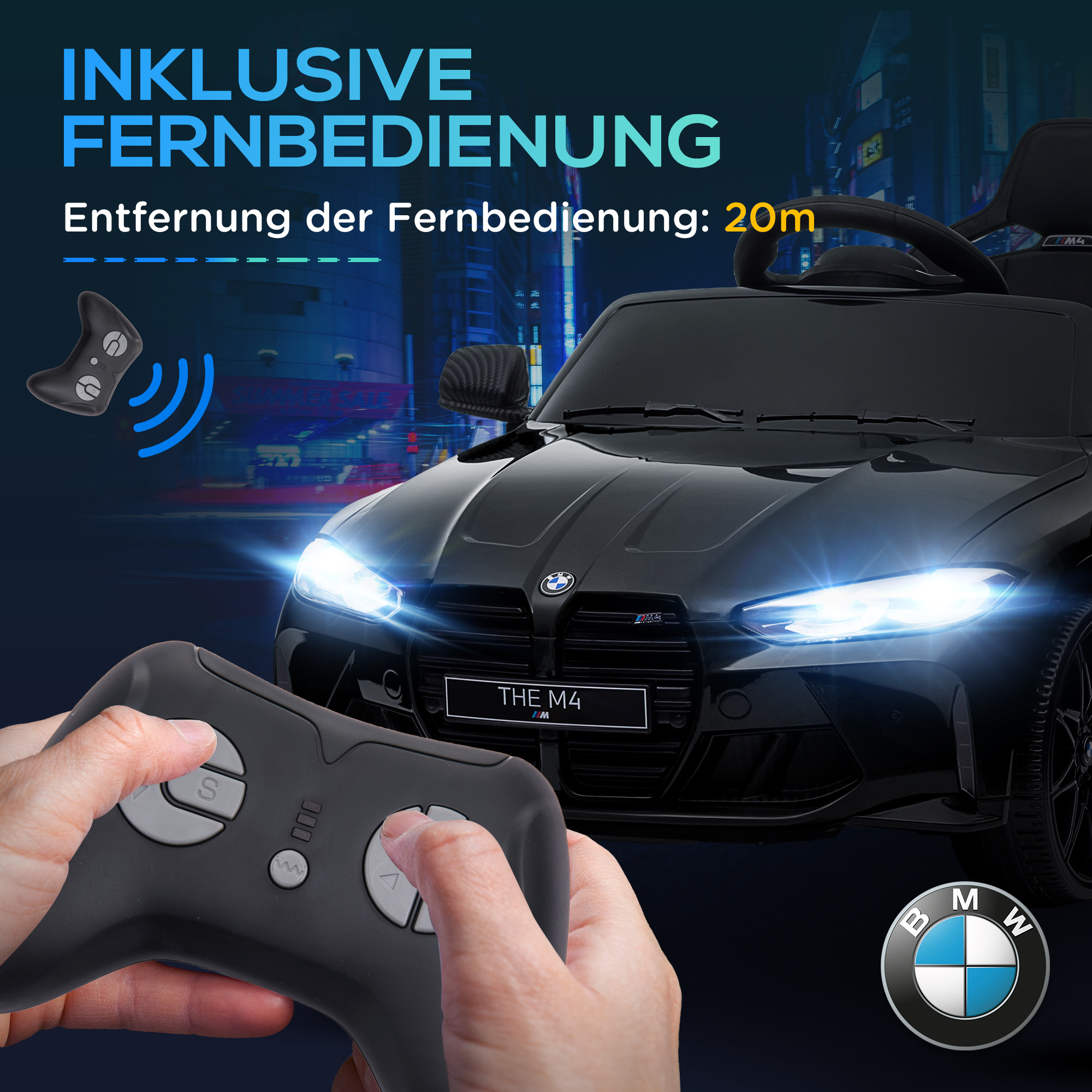AIYAPLAY Elektro Kinderauto BMW M4, Sound & Licht, 3-5 km/h, inkl. Fernsteuerung, für 3-5 Jahre, Schwarz