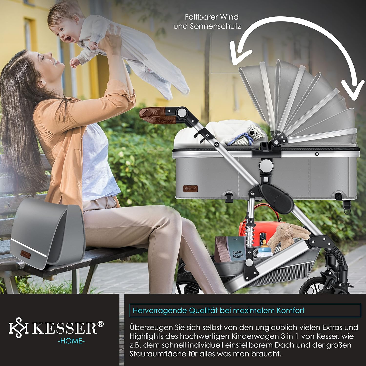 KESSER® Loops 3 in 1 Kinderwagen Kombikinderwagen Komplett-Set inkl. Babywanne & Buggy Sportsitz & Auto-Babyschale Voll-Gummireifen Wickeltasche Regenschutz Kindertisch ECE R129, Grau/Silber