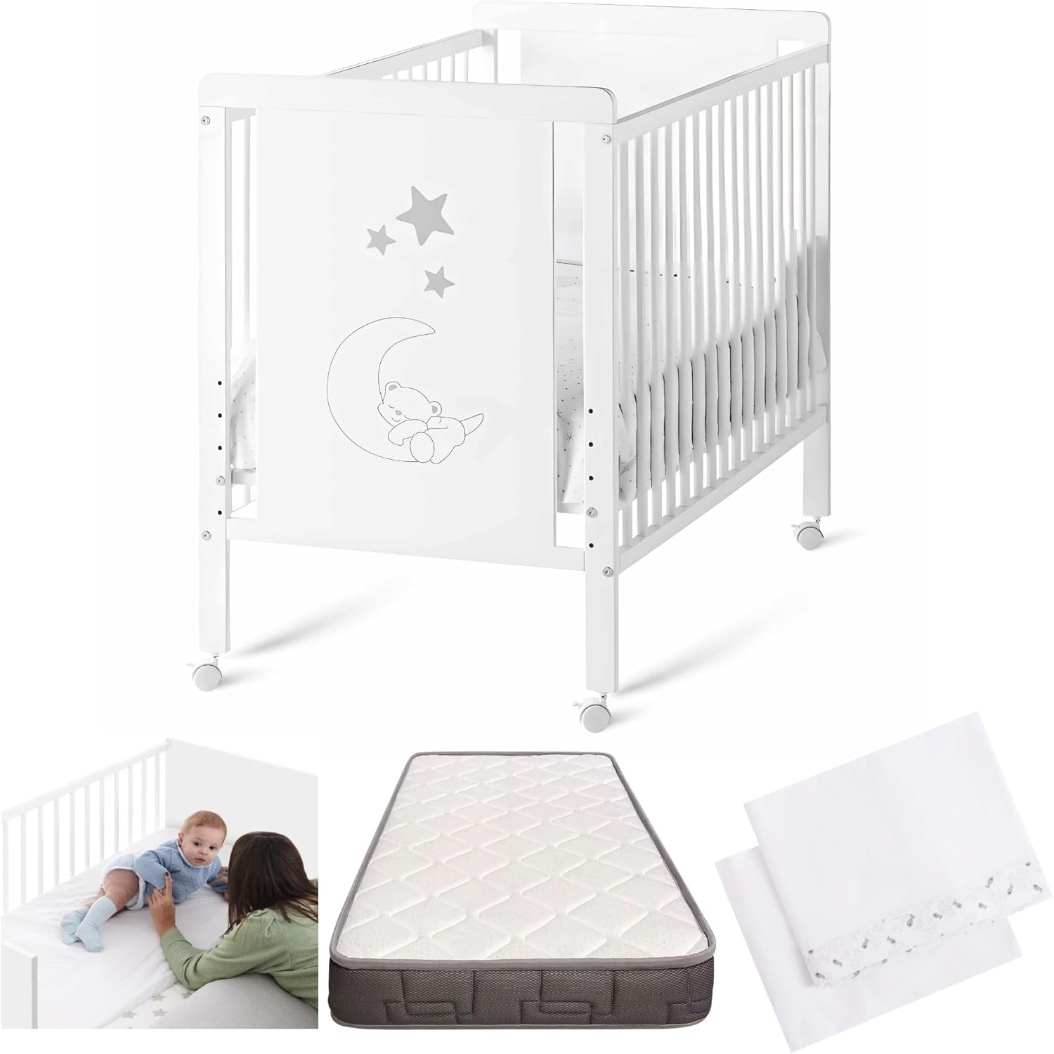 2026 Cuna Colecho de Bebe, Kit para Unir la Cuna con la Cama, Colchón HR Morfeo Certificado Oeko-Tex® y CertiPUR, 4 Ruedas, Sábana Bajera y Encimera de Algodón Natural. Indi CoolDreams CoolDreams