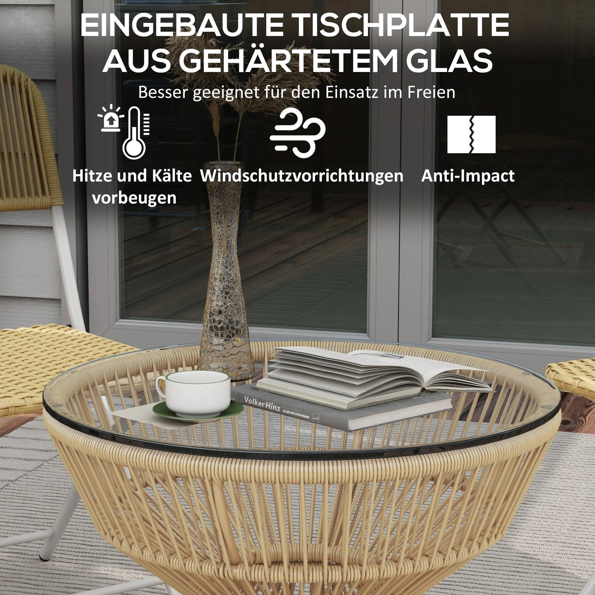 Outsunny Buitentafel Bijzettafel Tuinmeubel Rattan Bijzettafel, Glazen Blad, PE-Rattan, 60 cm x 60 cm x 50 cm, Natuurlijk