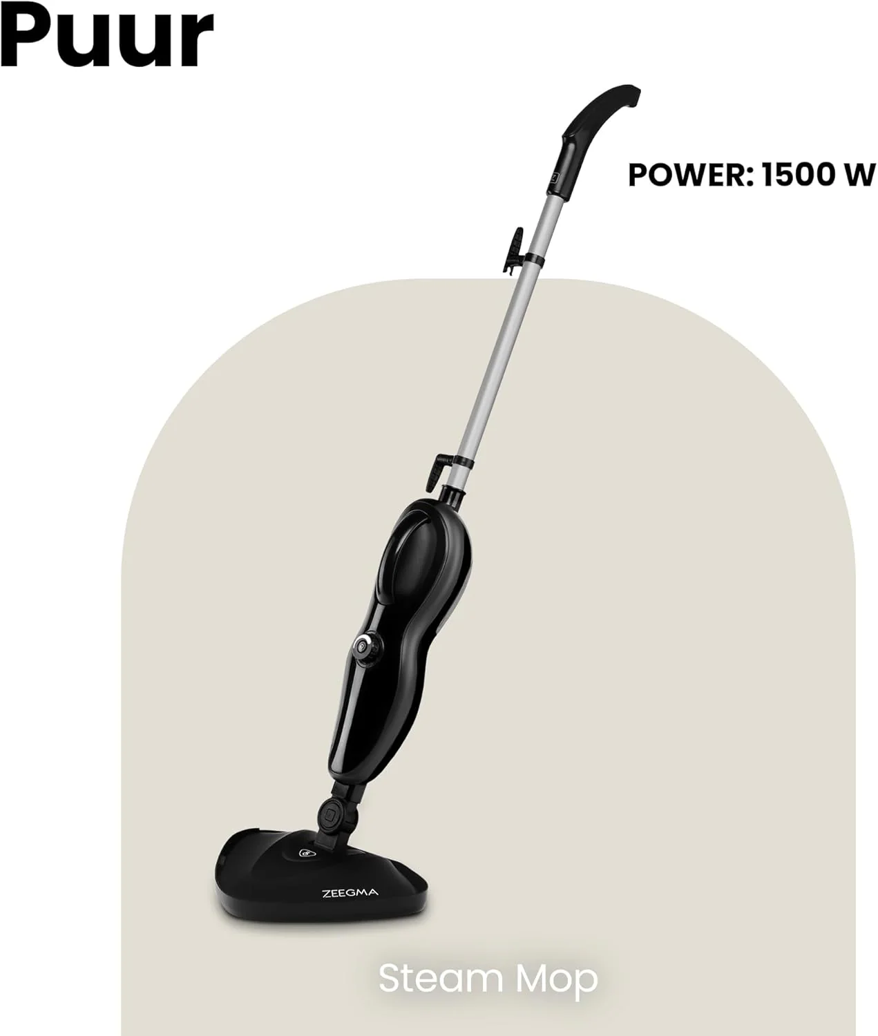 Zeegma PUUR Pulitore a Vapore, Pulizia Senza Prodotti Chimici, Pronto all'Uso in 25 Secondi, 7 Accessori Diversi, 2 Filtri per l'Acqua, Lunghezza Cavo 5m, Potenza 1500 W