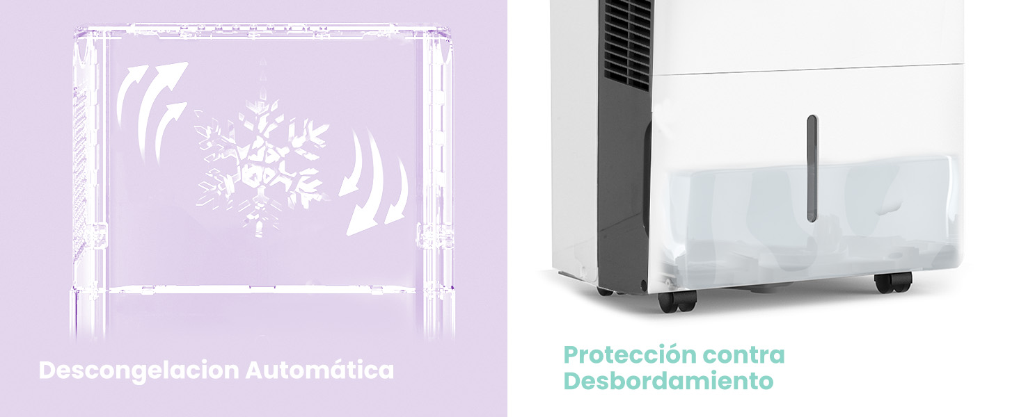 Imagen dividida: a la izquierda se muestra el icono de un copo de nieve con el texto «Descongelación Automática». A la derecha se muestra un dispositivo rectangular blanco con ruedas, con el texto