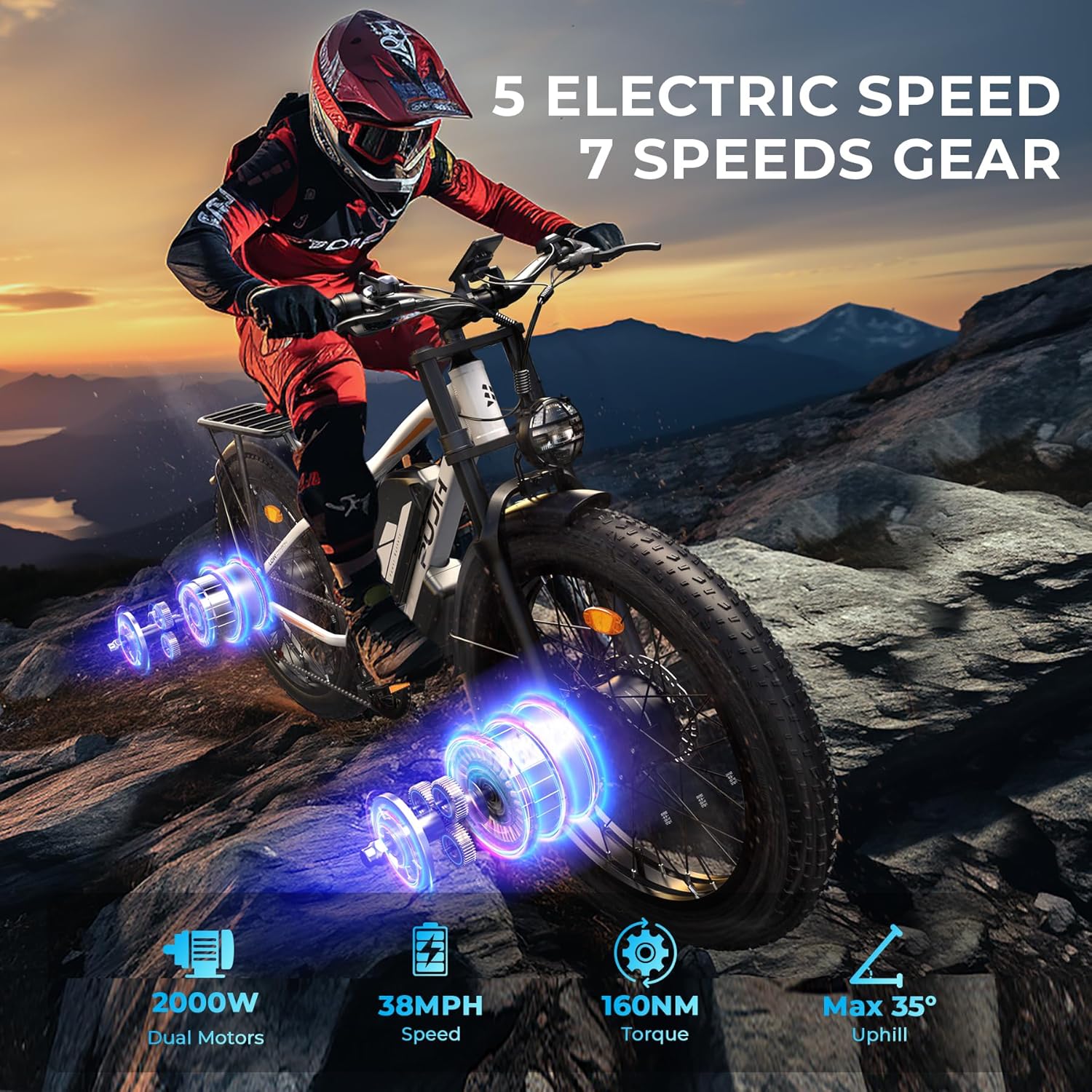 PUJH Snow Electric Bike, 52V 25Ah(1300Wh) Peak 3000W Dual Motor 26 Fat Tire Ebike for Adult, Max 36 mph & 40-110 Miles Electric Moped with Hydraulic Brakes, Off Road, Dirt, Mountain E Bicycle for Men