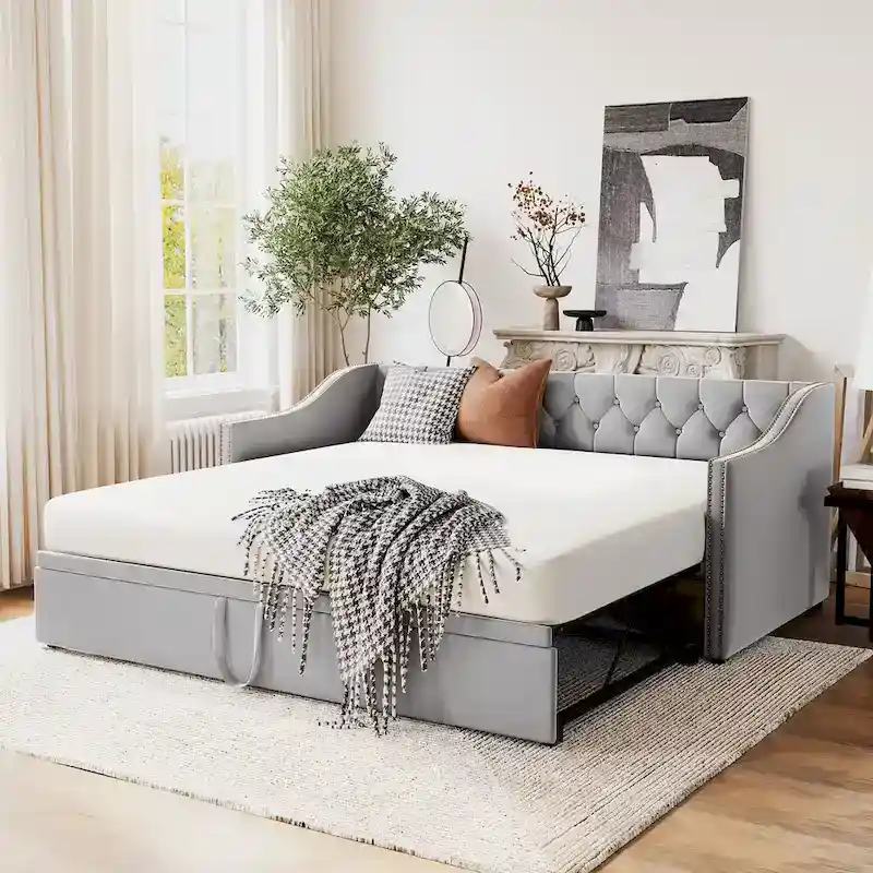 Upholstered Daybed with Trundle Bed and Tufted Backrest