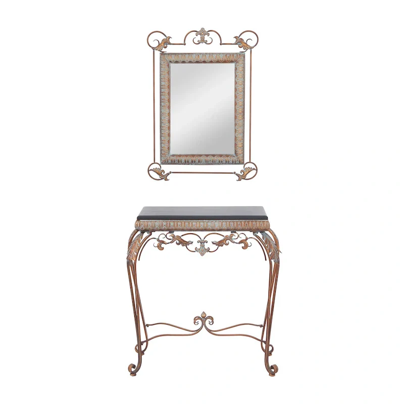 Set of 2 Bronze Metal Leaf Console Tables with Mirrors and Scrolled Legs - Roche River Decor - Dimensions: 1W x 23L x 32H