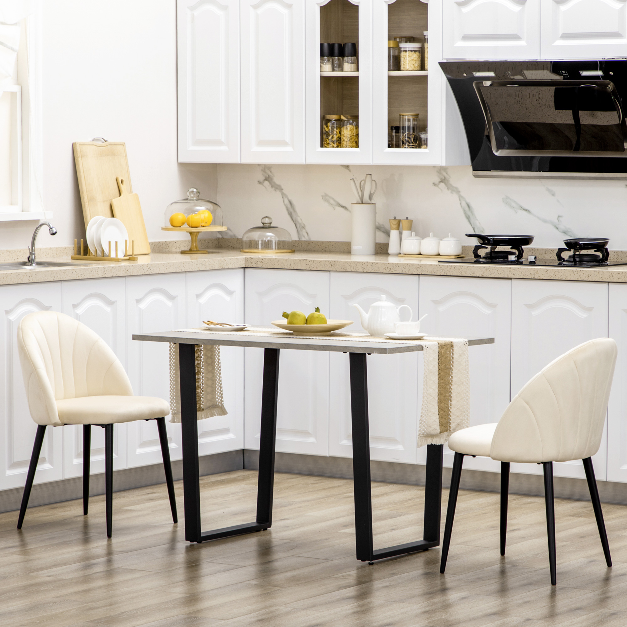 Set van 2 eetkamerstoelen in Scandinavisch design, keukenstoelen, fluweelachtige uitstraling, cr��me + zwart