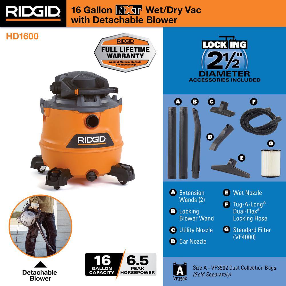 16 Gallon 6.5 Peak HP NXT WetDry Shop Vacuum with Detachable Blower Filter Locking Hose and Accessories HD1600