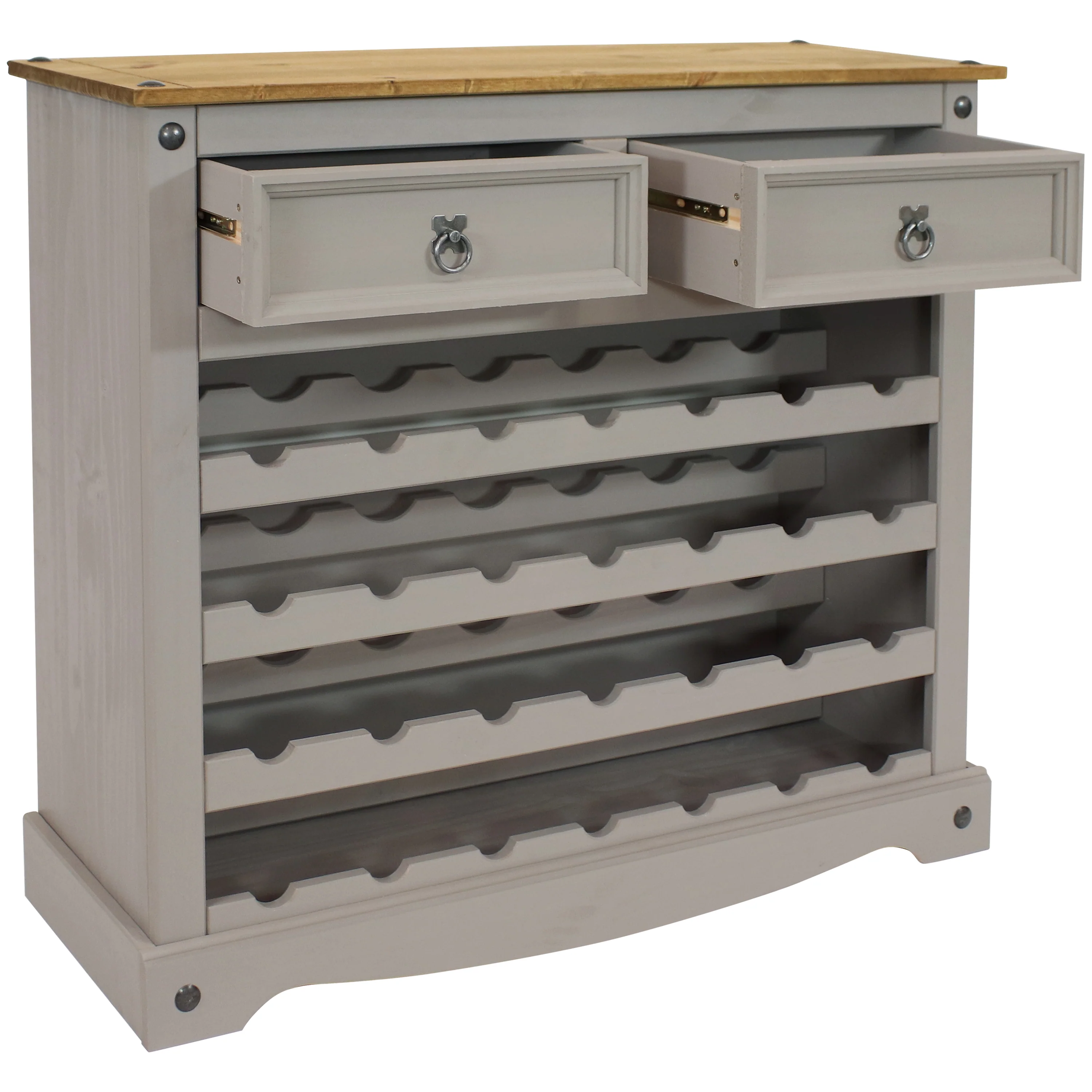 2025 Mesa estante para vino de pino macizo Sunnydaze – 28 botellas, gris, 88 cm