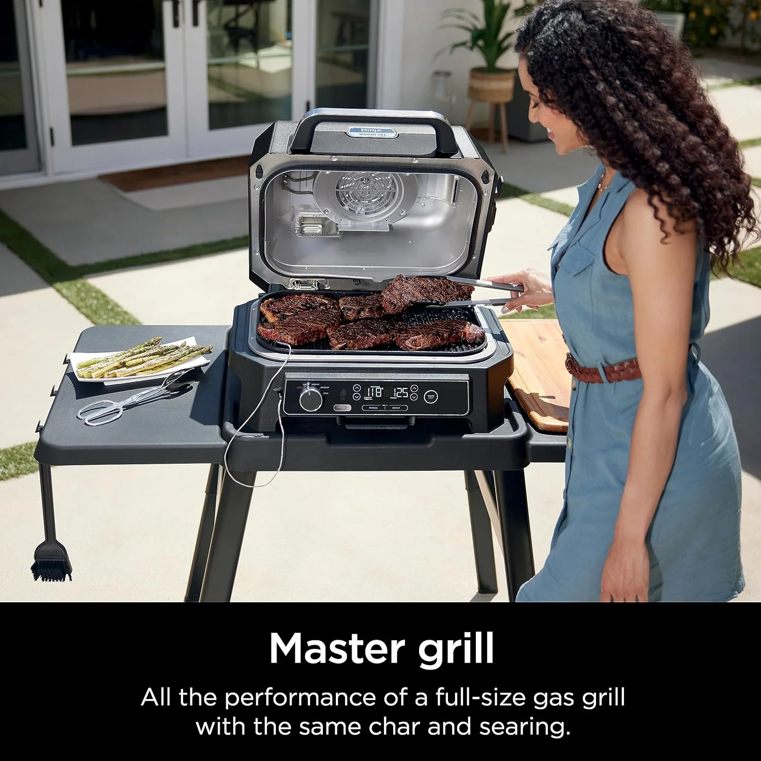 7-in-1 Grill & Smoker with Thermometer, Air Fryer, BBQ, Bake, Roast, Broil - Portable Electric Outdoor Grill, Grey