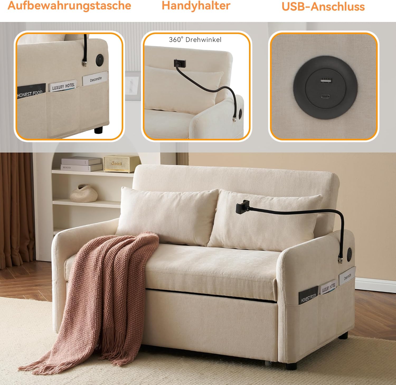 Azkoeesy Sofá cama plegable con función de sueño, sofá de 2 plazas con respaldo ajustable, soporte para teléfono móvil, USB, 2 almohadas, tela de chenilla, para salón, dormitorio, cine en casa (beige)