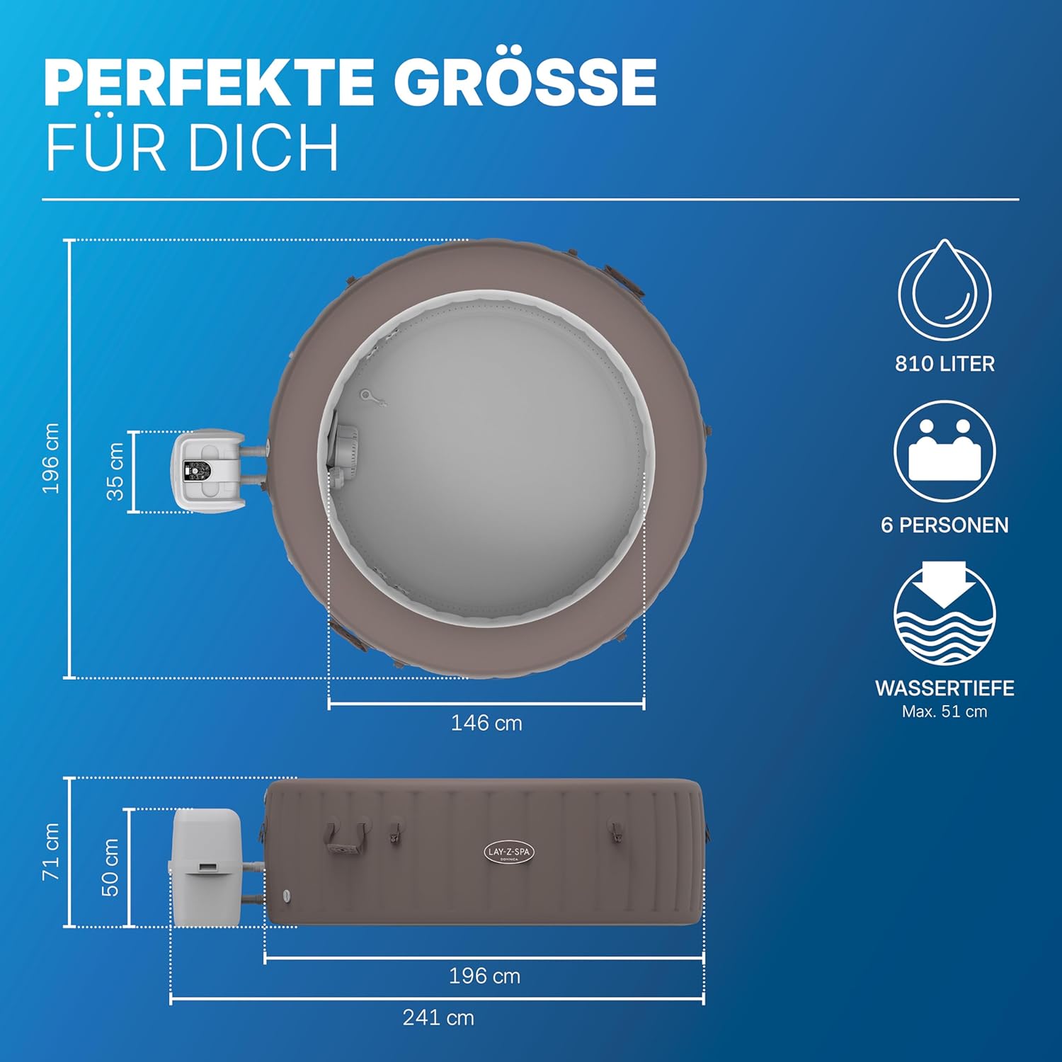 Bestway Lay-Z-SPA Whirlpool Dominica HydroJet, Ø 196 x 71 cm, 6 Personen, Heizung, Frostwächter, 4 HydroJet-Düsen, 140 AirJet-Düsen, App-Steuerung, Thermo-Abdeckung, Energieeffizient, Urbanbraun