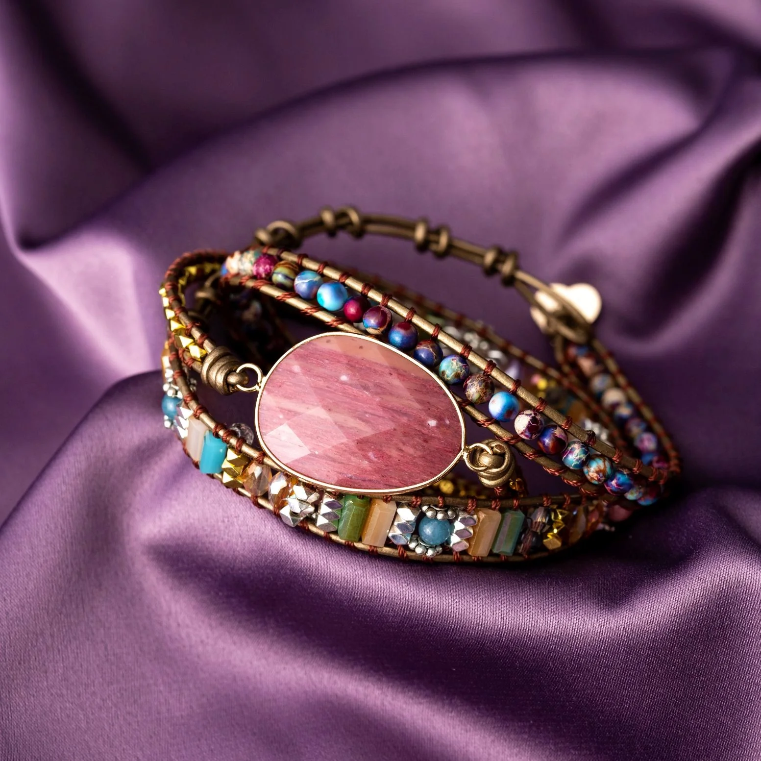 Wikkelarmband Balans - Rhodoniet & Jaspis - Leer - Zelfliefde