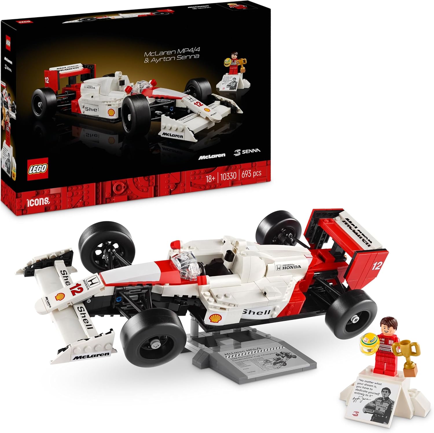 LEGO Icons McLaren MP4/4 & Ayrton Senna minifigur, rumsdekoration för skrivbord, hem och kontor, presentidé till jul eller födelsedag för fans av coola racerbilar, byggsats för vuxna 10330