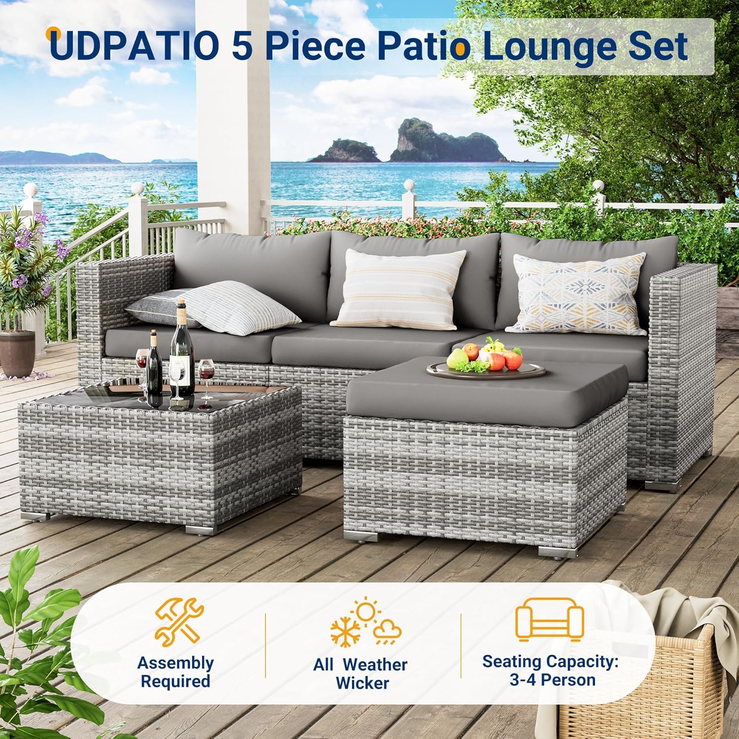 UDPATIO Lounge Gartenmöbel Set mit 3er Gartensofa, Hocker & Beistelltisch, Poly Rattan Balkonmöbel 4 Personen mit Kissen, Balkon Möbel Wetterfest, Gartenlounge für Garten, Terrasse, Outdoor, Grau