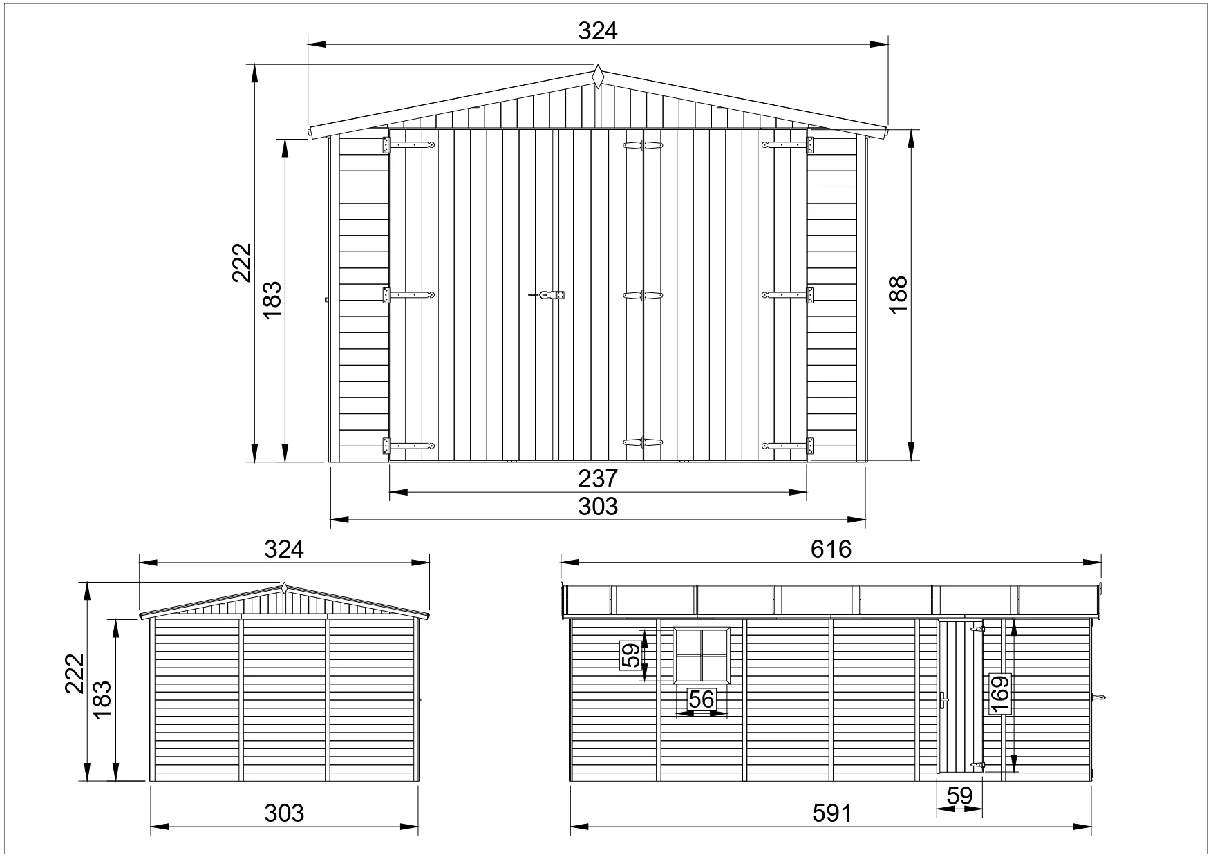 GARAJE de madera 18 m² - trastero con ventanas - A222x616x324 cm - construcción de paneles de madera natural - Taller de jardinería - TIMBELA M102