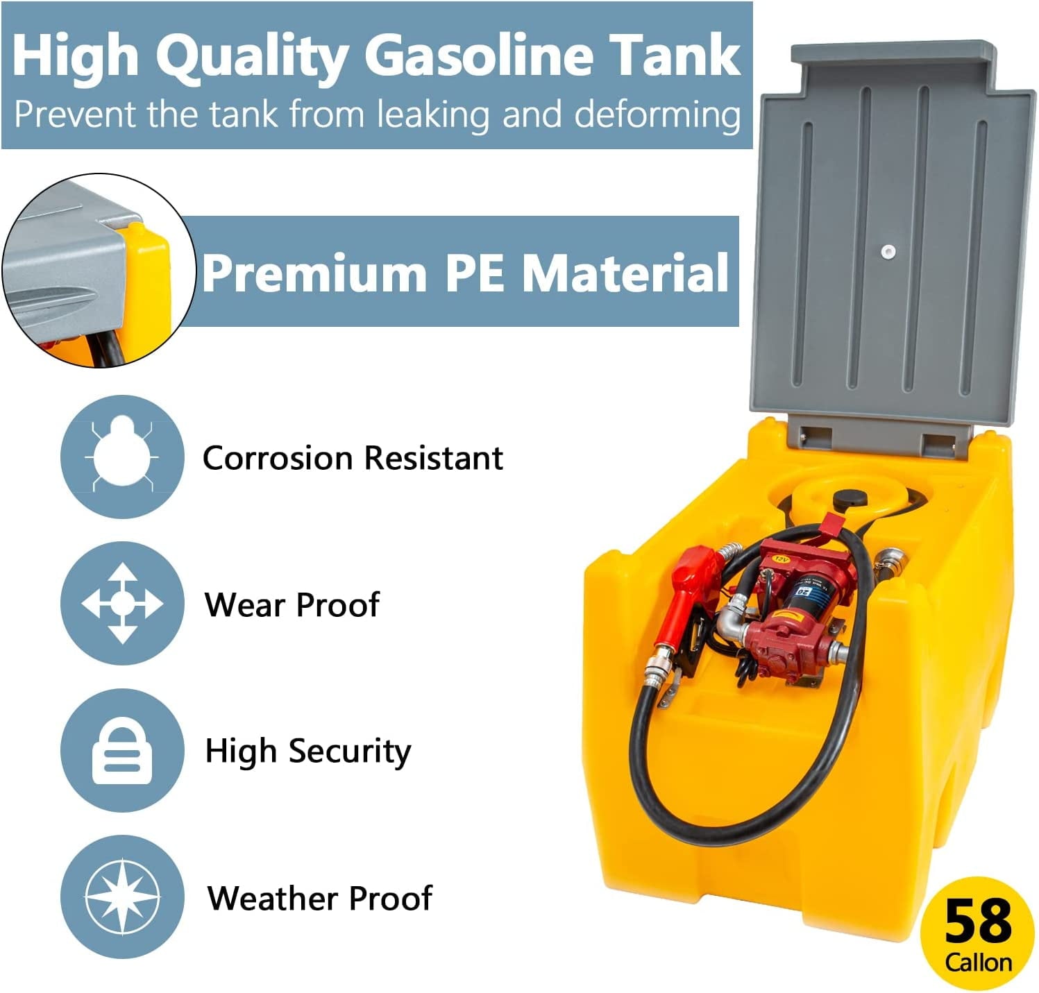TECSPACE 58 Gallon Gasoline Tank, Portable Fuel Tank with 12V Electric Fuel Transfer Pump, 40 GPM Gasoline Fuel Tank with 4 Meters Hose for Gasoline Transportation (Yellow, 58 gal)