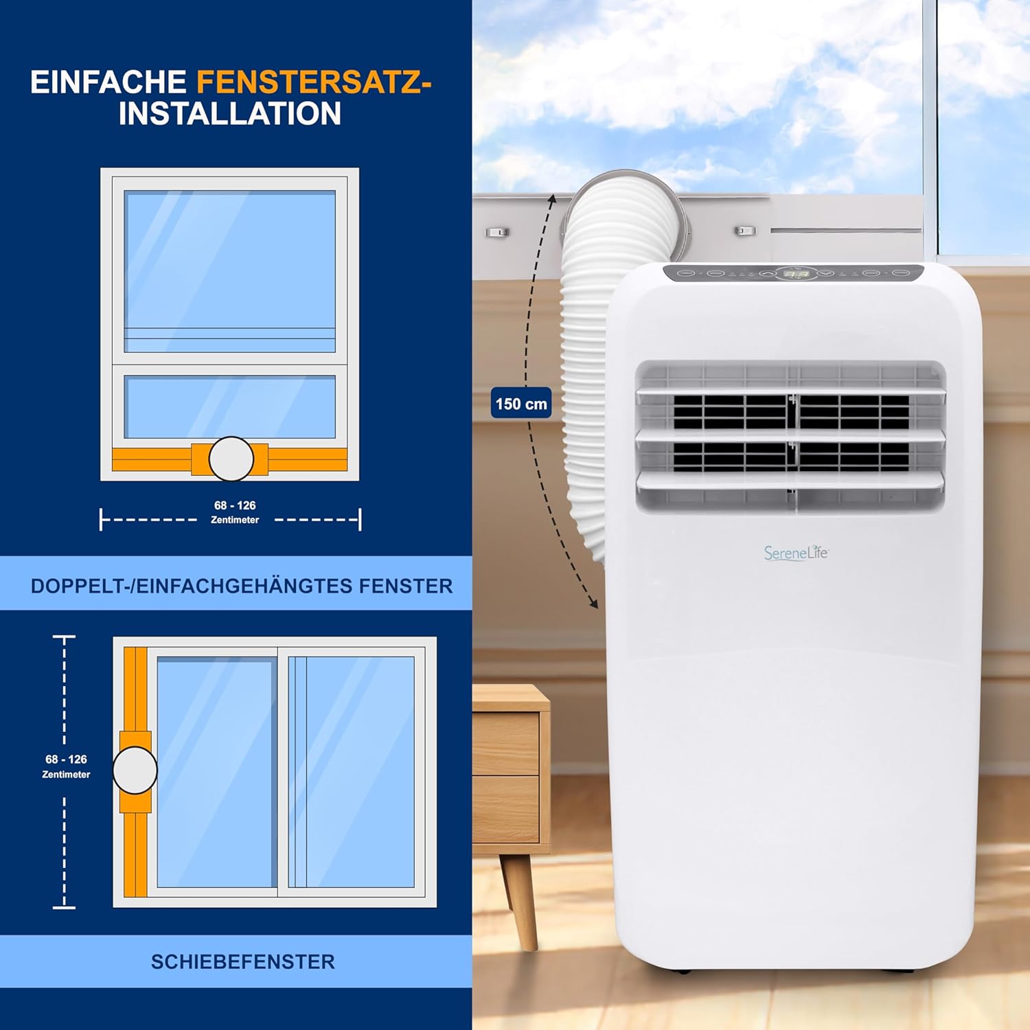 SereneLife Klimaanlage mobil, 3-in-1 mobiles Klimagert mit Abluftschlauch - Luftkühler, Luftentfeuchter & Ventilator, air conditioner 9.000 BTU, 1,5 L Feuchtigkeit/Stunde, kühlt Rume bis 42 m