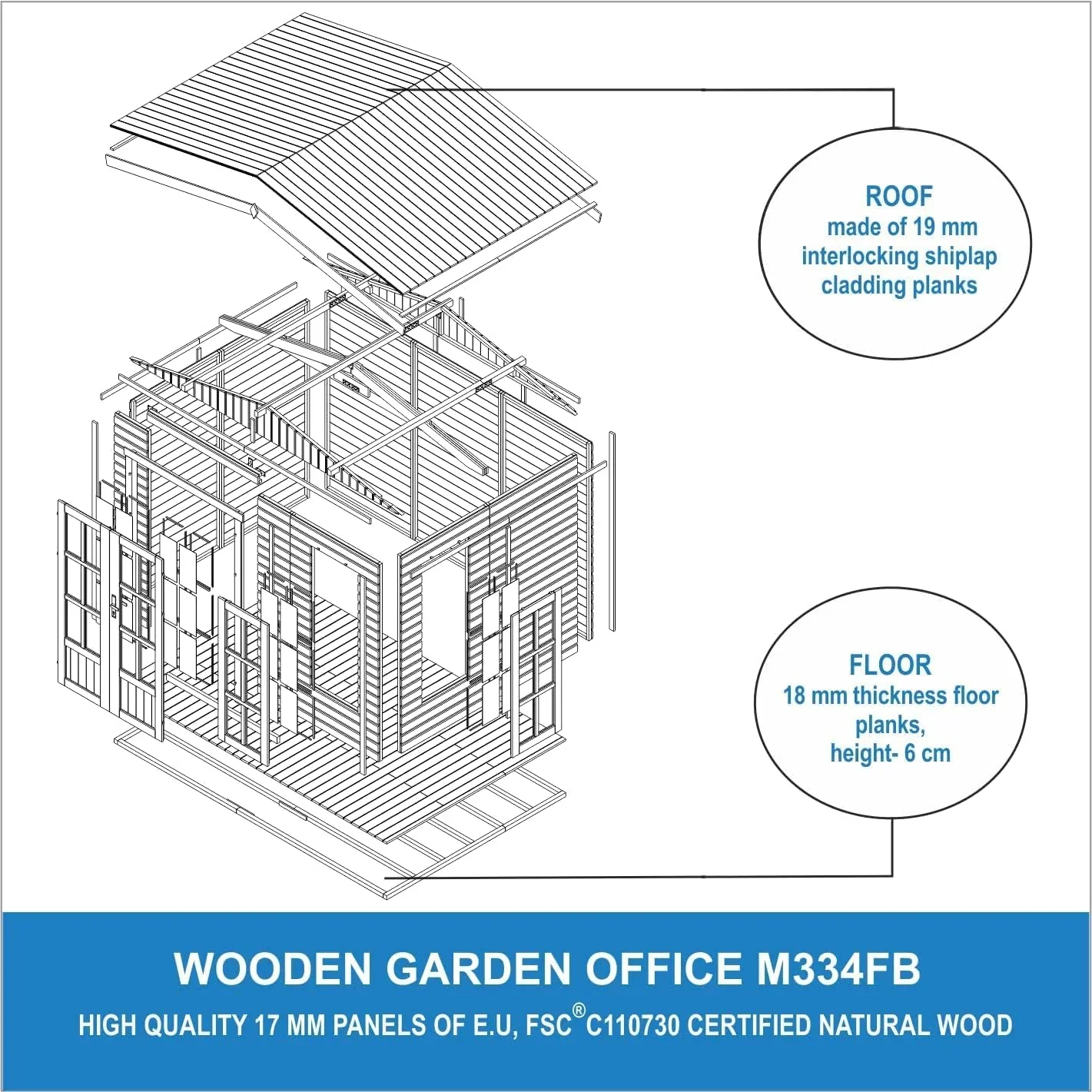 2026 TIMBELA Caseta de jardín de Madera de 6 m2 - Cobertizo Jardin Exterior con Suelo, Ventana, Puerta Doble - Cabaña de jardín para Trabajar en casa - con Tejas bituminosas Verde M334FB+H334FBGREEN