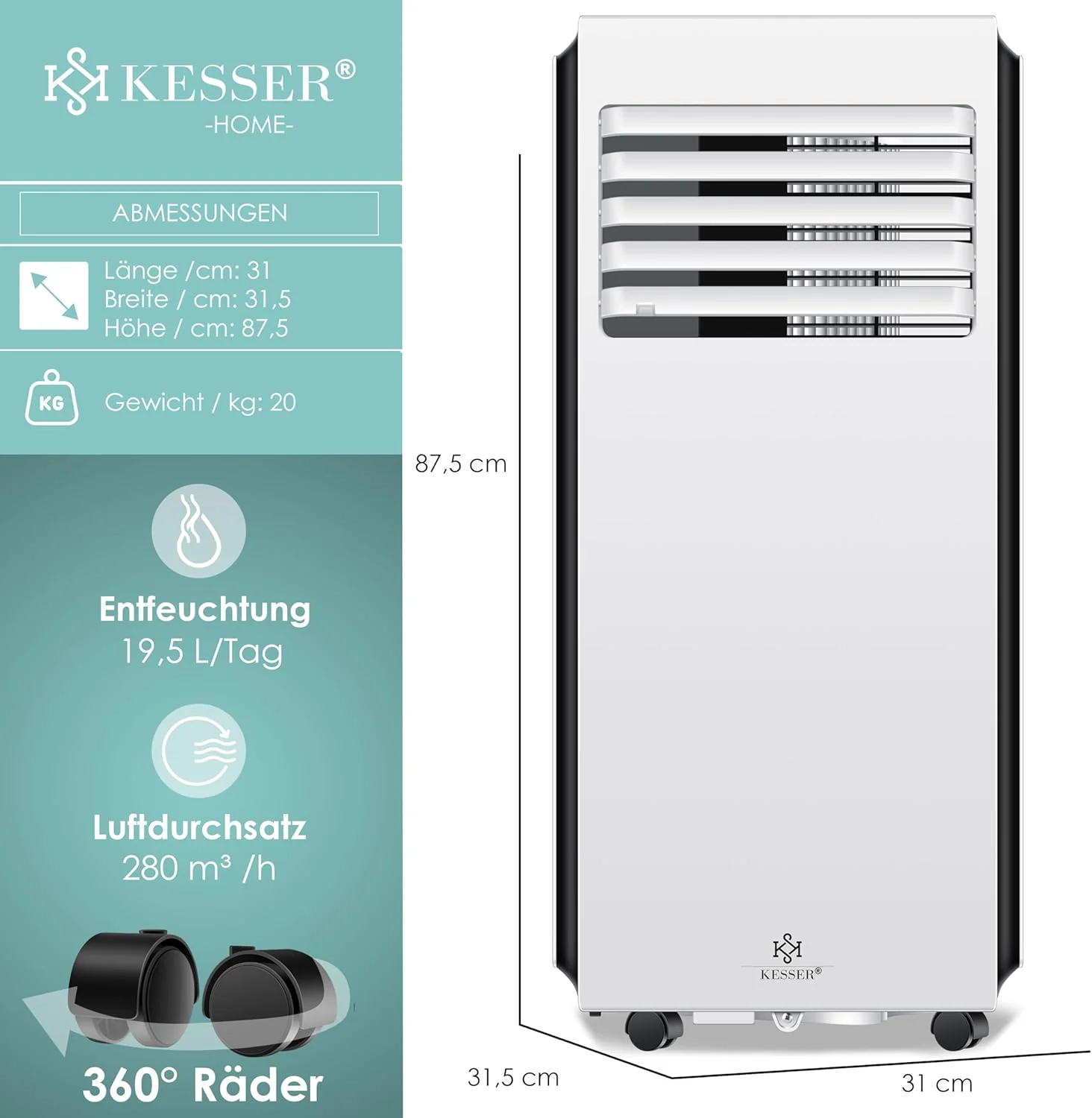 KESSER? Mobiele airco 4-in-1 koelen | Luchtontvochtiger ventileren | Ventilator 9000 BTU/u 1005W | Mobiele airconditioning met montagemateriaal, afstandsbediening & timer | Nachtmodus & 360�� wielen