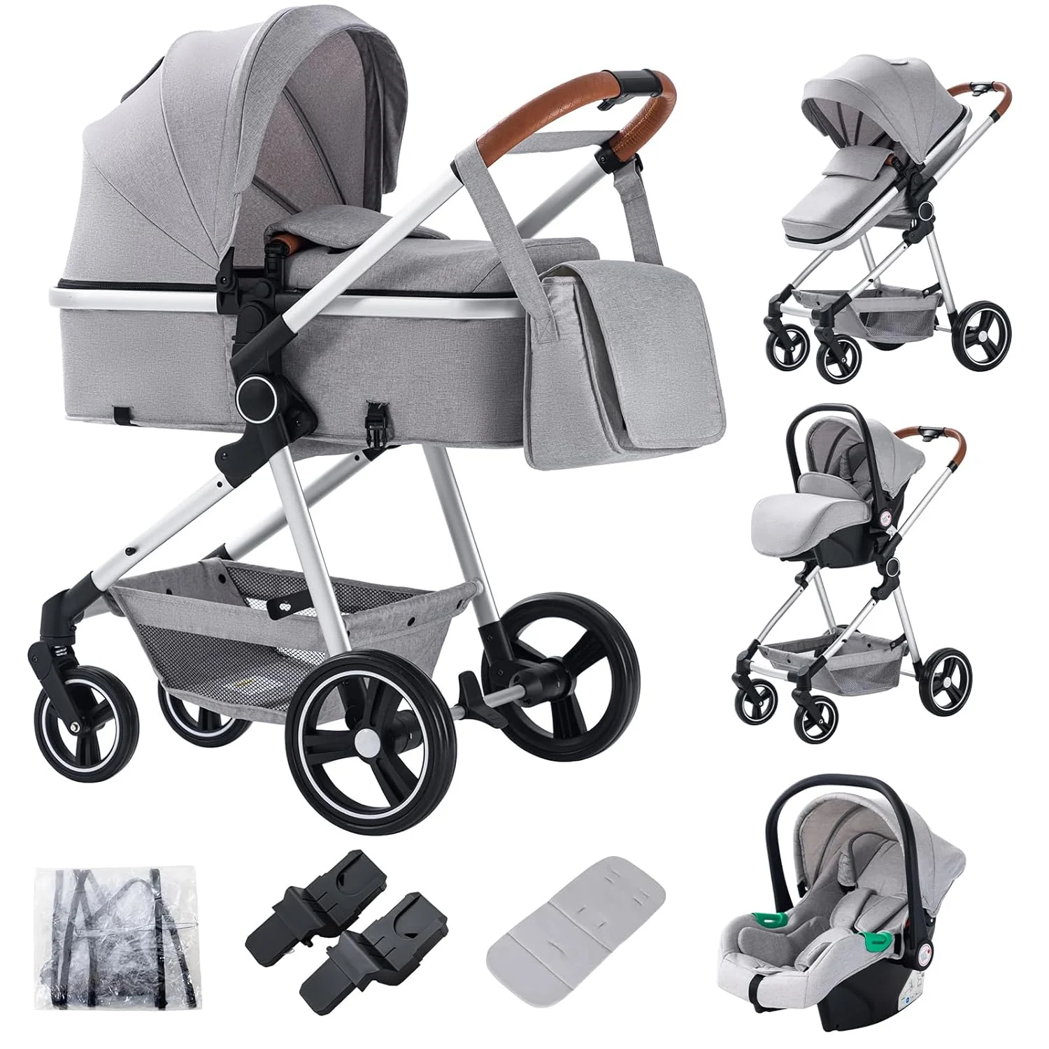 Passeggino 3 in 1 Zkiprm, portatile con seggiolino auto, 3 modalità convertibili, telaio in alluminio di alta qualità, alta visibilità, passeggino leggero, grigio