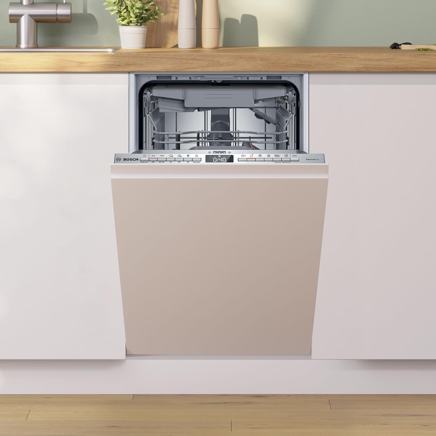 Bosch - Lavavajillas Integrable, Serie 4, 10 servicios, 45 cm de ancho, Silencioso, 3ª Cesta para Cubiertos, blanco, SPV4EMX17E