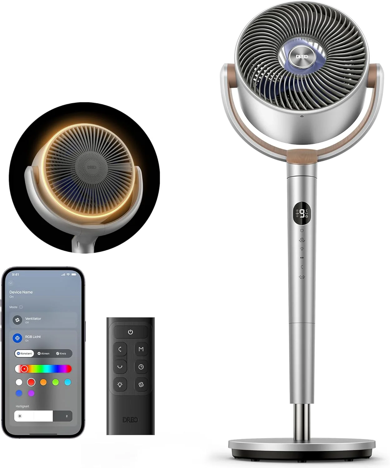Dreo Slimme Staande Ventilator met RGB-licht, 120�� +120�� Oscillerende Ventilator met Afstandsbediening, 20dB Stille Vloerventilator voor Slaapkamer, 8H Timer, Zilver