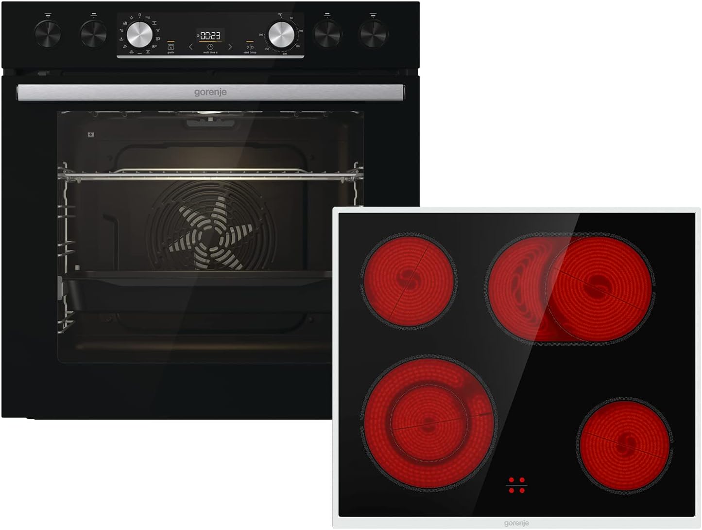 Gorenje Einbauherd-Set Heißluft Inox Set 4 mit Glaskeramik-Kochfeld / 77 Liter / ExtraSteam / GentleClose & Open / EcoClean / AirFry / PizzaMode / PerfectGrill / Teleskopauszüge / Inox-Look