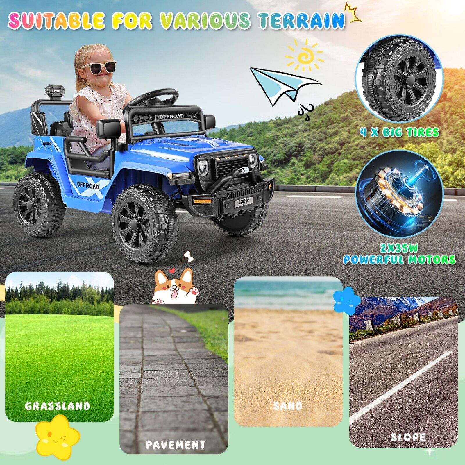 Blue 12V Kids Car Power Wheels Ride-on Truck Vehicle w/Remote Control LED Light#