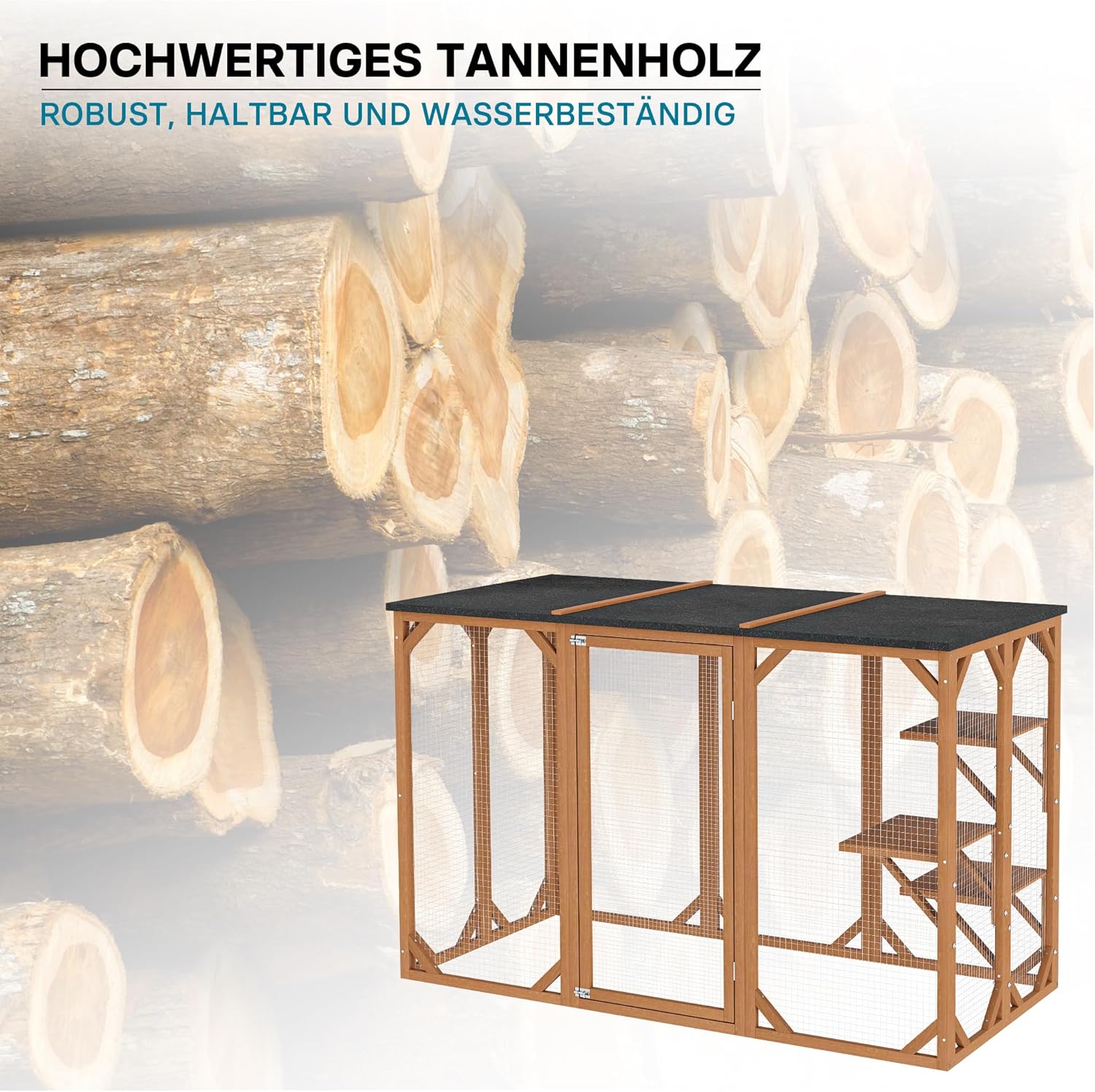 Wiltec Freilaufgehege Katzen 168 x 82 x 166,5 cm mit 6 Liegeflächen, wetterfestes Katzengehege Garten, Katzenhaus mit Drahtgitter und Bitumen Dach