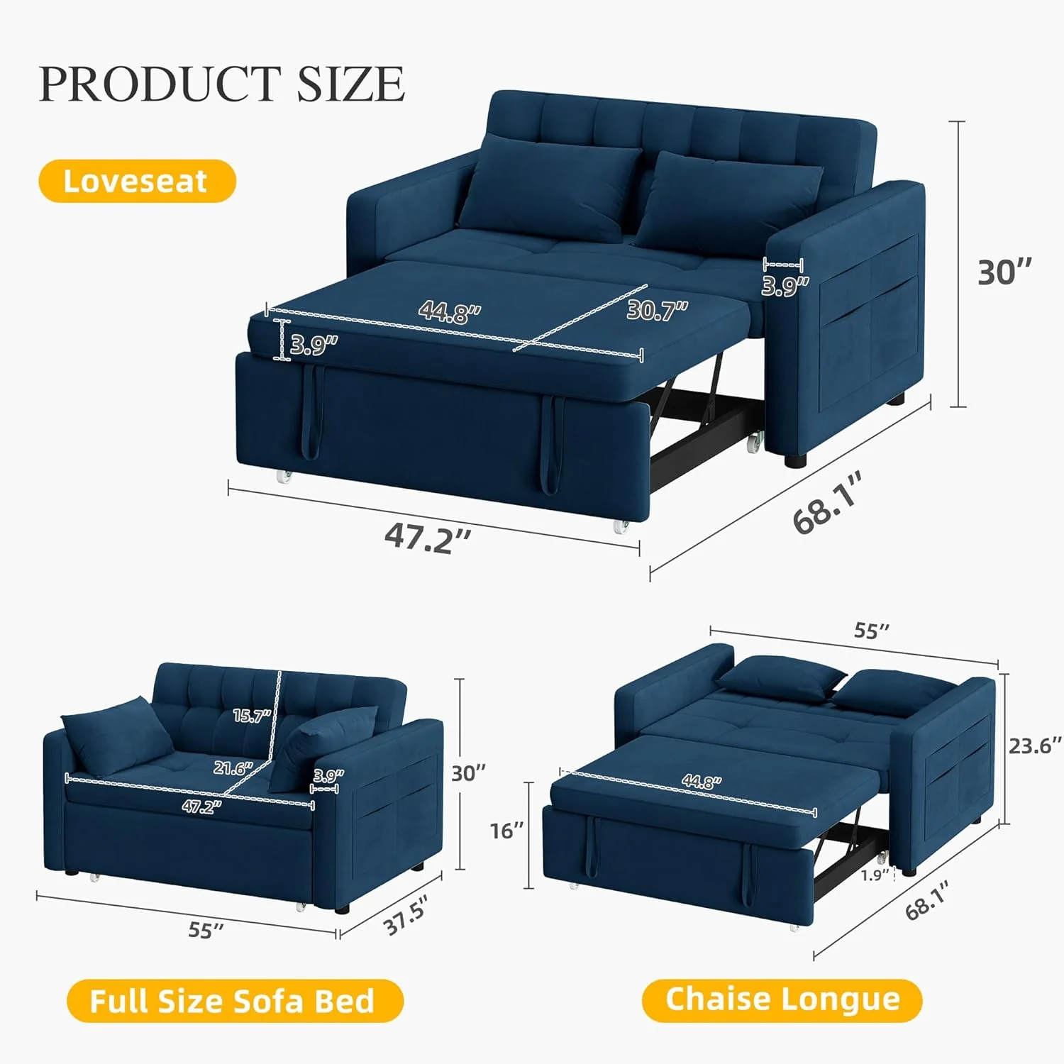 DWVO 3-in-1 Convertible Sofa Bed, 55