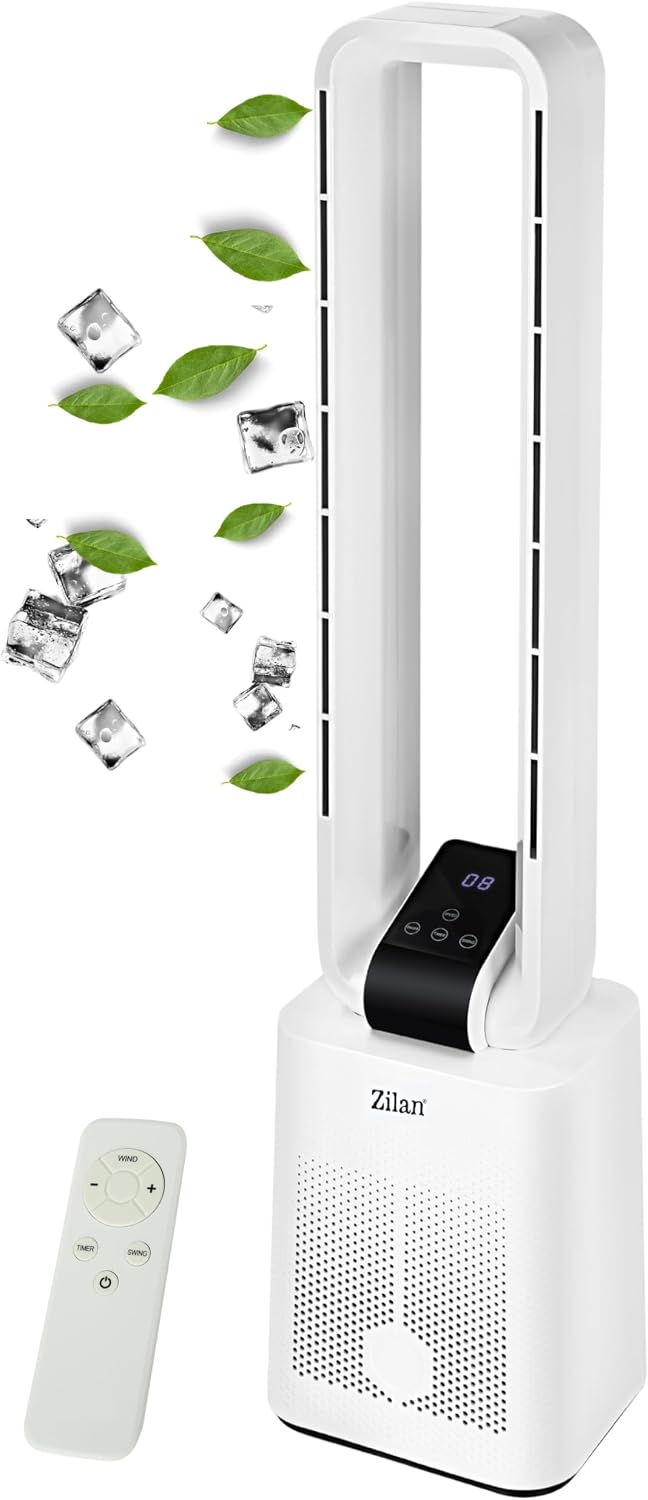 Zilan Turmventilator Blattlos Leise Standventilator mit Fernbedienung – 12 Stufen, 3 Modi, BLDC Motor, 45° Oszillation, Timer 15h, LED Display – Säulenventilator Tower Fan Energiesparend (Wanda White)