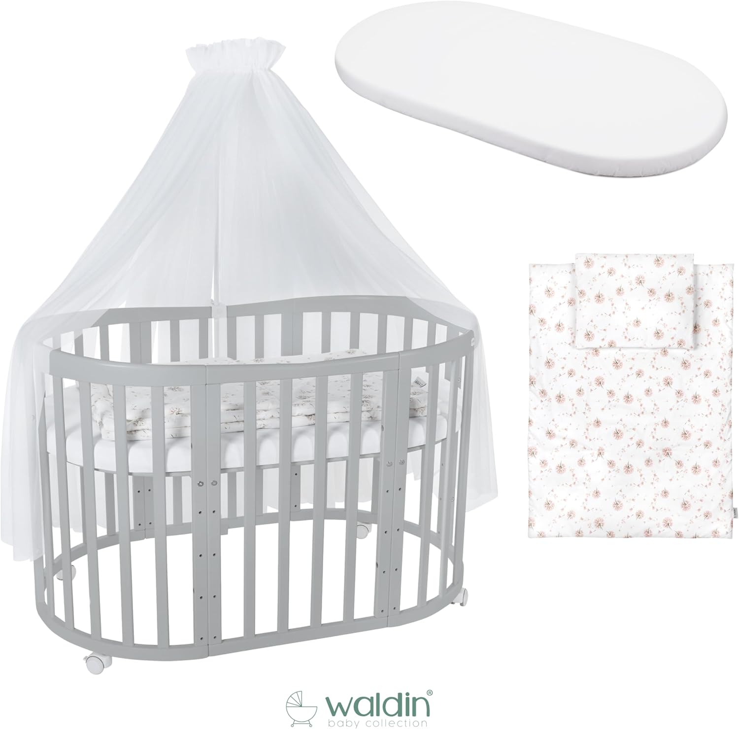 Waldin Oval Baby-Bett Mitwachsend Komplett Set 7in1, Gitterbett, Kinderbett mit Matratze, Wickelkommode, Beistellbett, Holz Weiß
