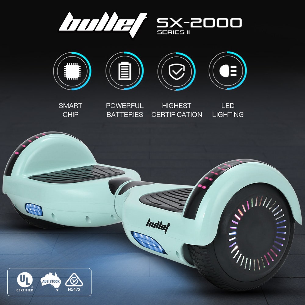 BULLET SX-2000 Hoverboard Scooter, 500W Brushless, UL Certified, AU Compliant, Superior Self Balancing System, LED Lights, Mint Green